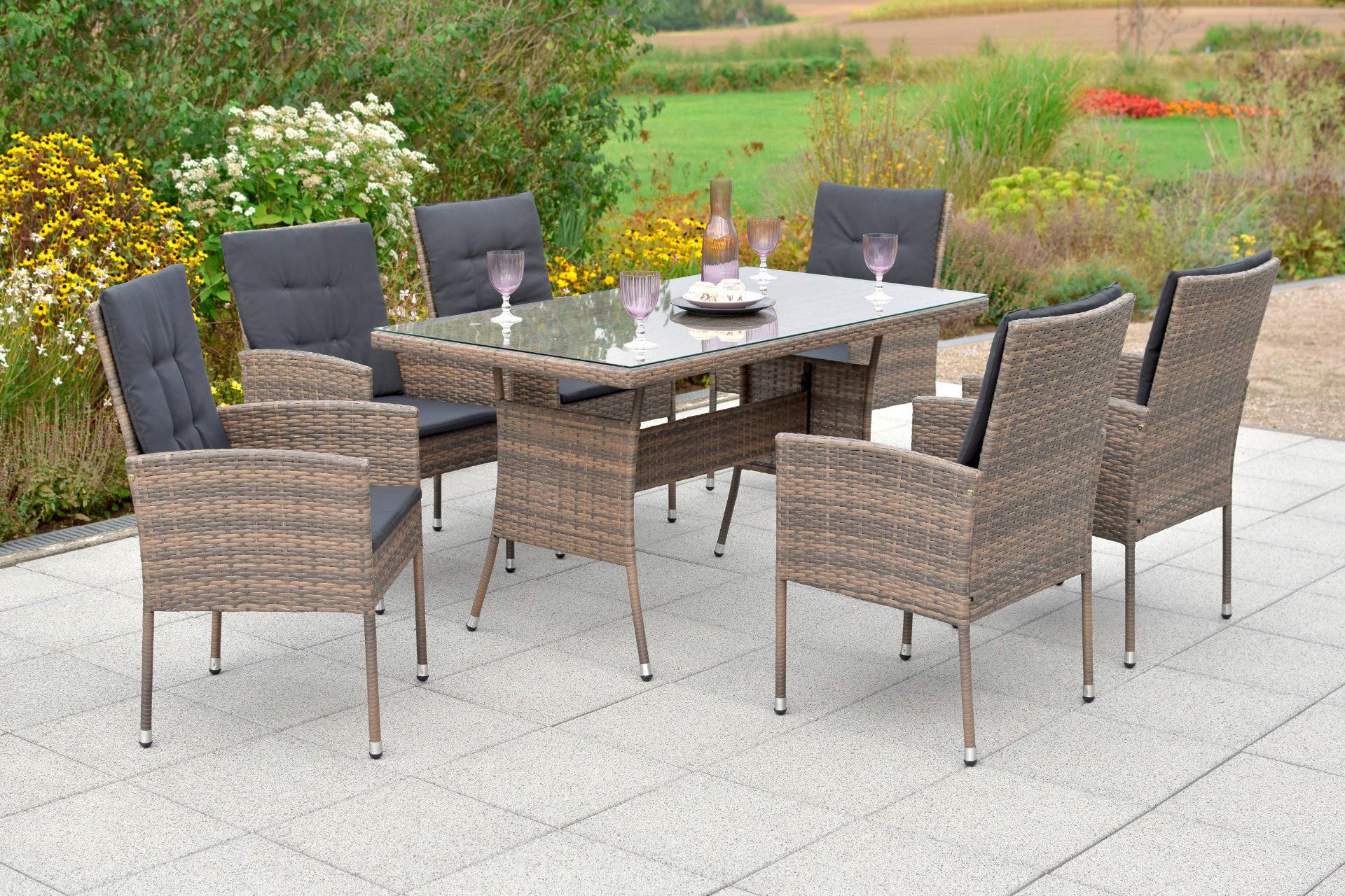 Gartenmöbel Set 7-tlg. Menorca Kunststoff mit Kissen - Braun/Grau, MODERN, Glas/Kunststoff - Gardenson