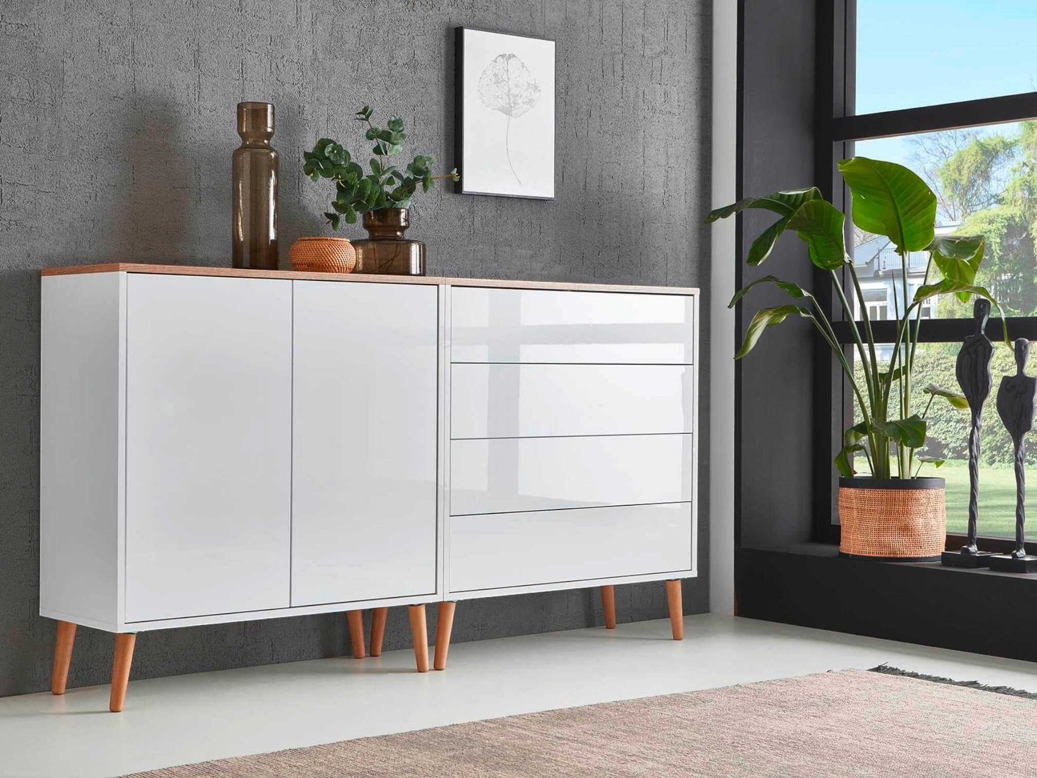 Sideboard Mailand3 B:158cm Weiß/eiche - Weiß Hochglanz/Eiche Artisan, MODERN, Holzwerkstoff (158/86/33cm) - MID.YOU