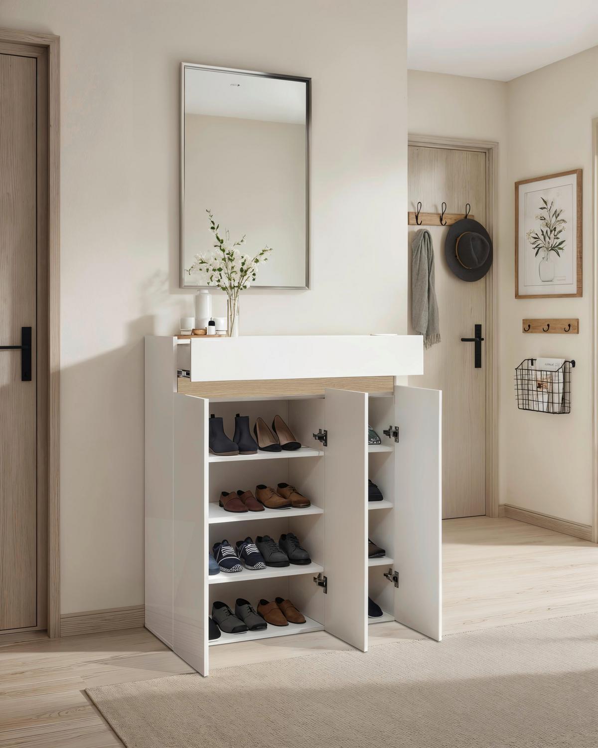 Schuhschrank Rainbow Eichefarben/weiß Hg B: 94 Cm - Eichefarben/Weiß Hochglanz, Design, Holzwerkstoff (94/114/35cm) - MID.YOU