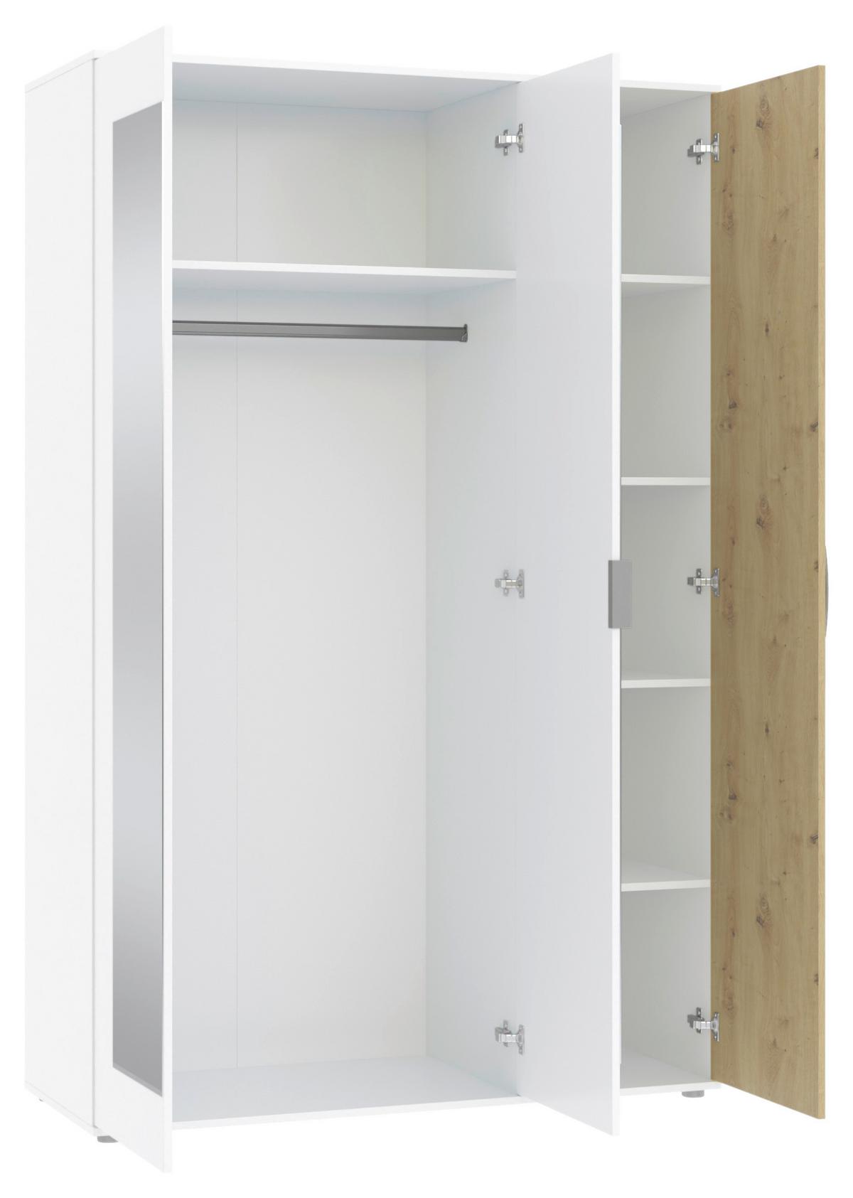 Kleiderschrank Jan Weiß, Eiche Artisan Dekor, B:135 cm - Weiß/Eiche Artisan, Trend, Glas/Holzwerkstoff (135/210/52cm)
