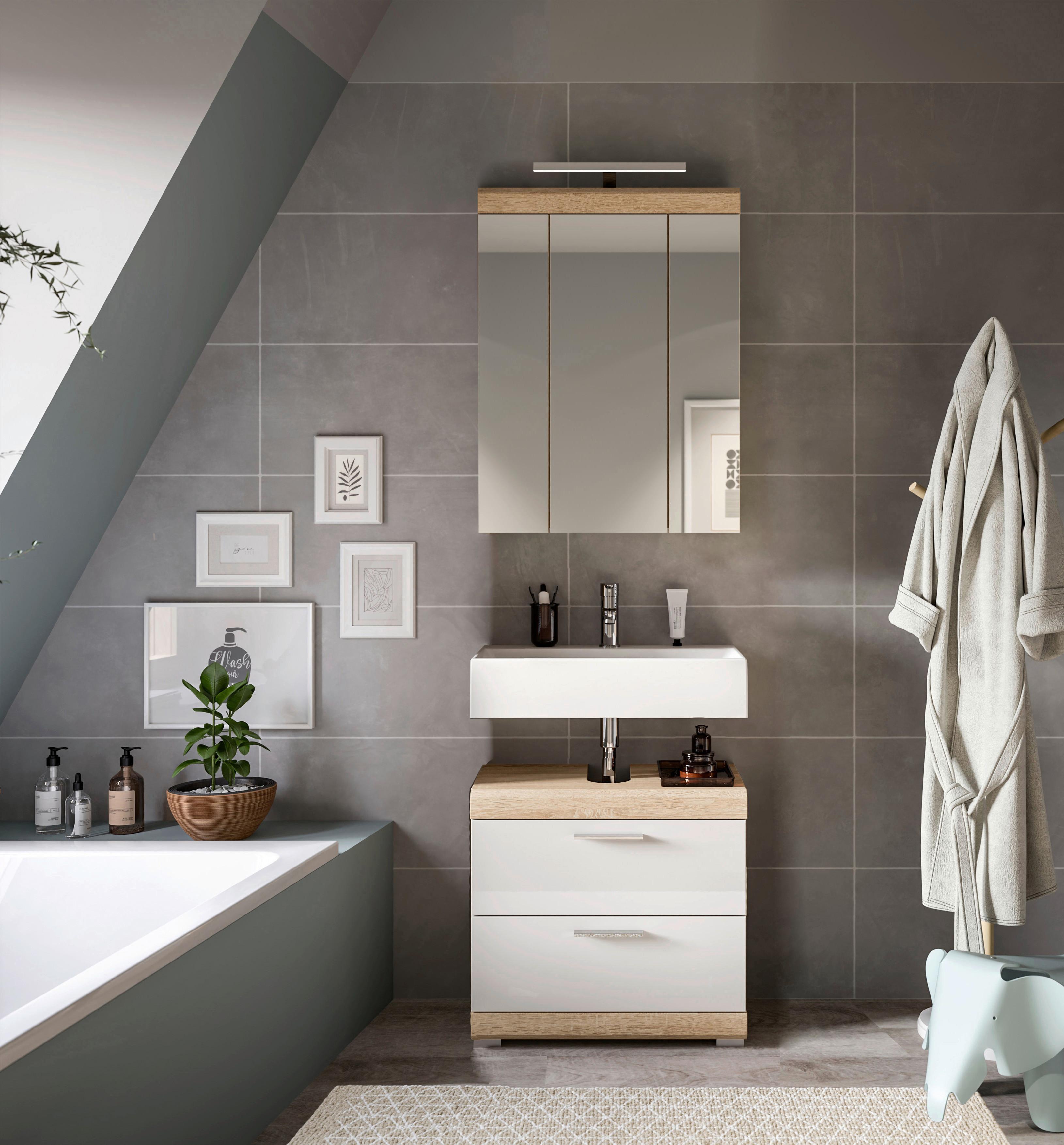 Badezimmer Lambada Eiche Dekor/weiß B: 60 Cm - Weiß Hochglanz/Silberfarben, MODERN, Glas/Holzwerkstoff (60cm) - MID.YOU