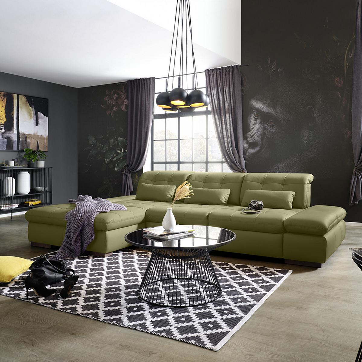 Rohová sedačka SANFINO, ľavá, olivovozelená pravá koža - olivovozelená/chrómová, Konventionell, kov/koža (199/79-96/305cm) - Premium Living