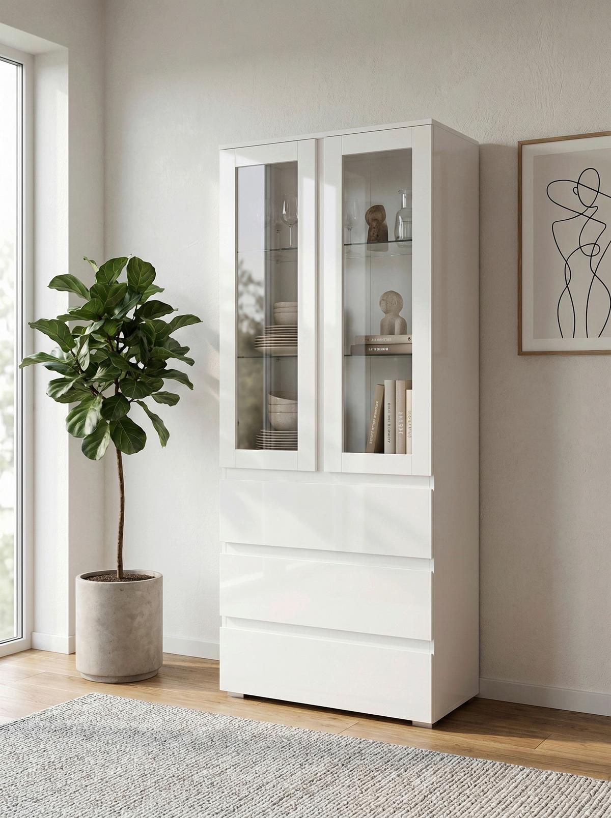 Vitrine Capetown Weiß HG B: 80 cm - Weiß Hochglanz/Silberfarben, Trend, Glas/Holzwerkstoff (80/191/40cm)