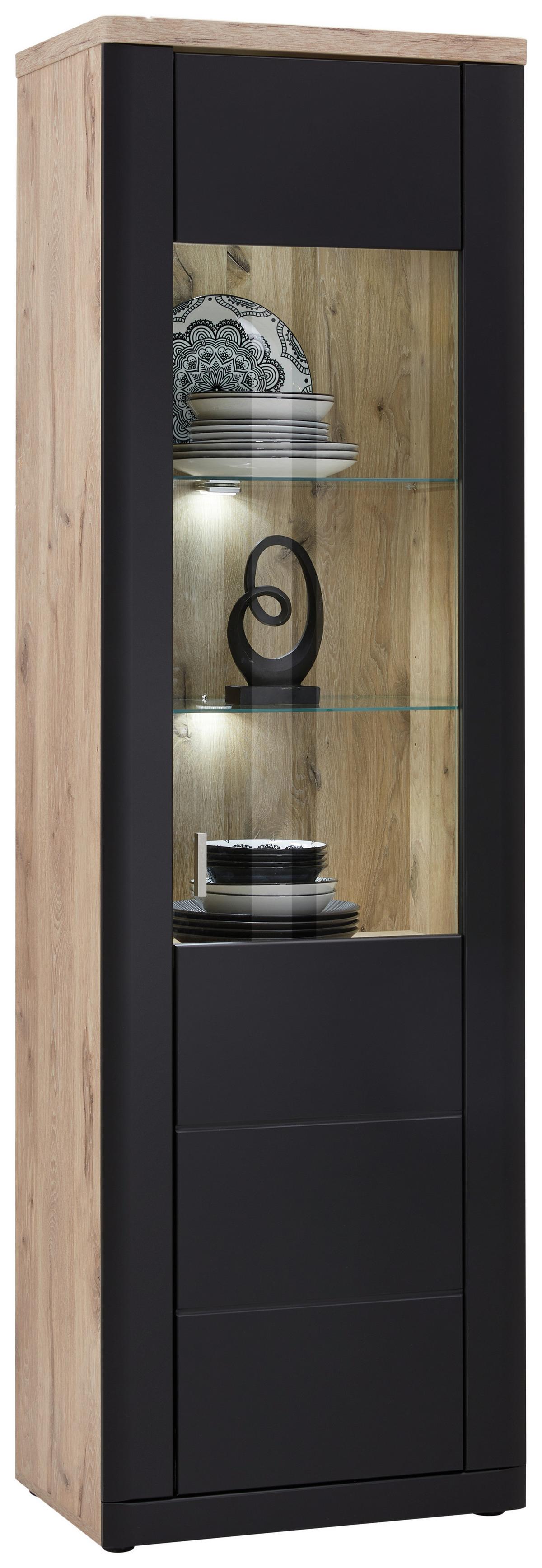 Vitrine Game B: 61 cm Schwarz Matt/Eiche Dekor - MODERN, Glas/Holzwerkstoff (61/204/41cm)