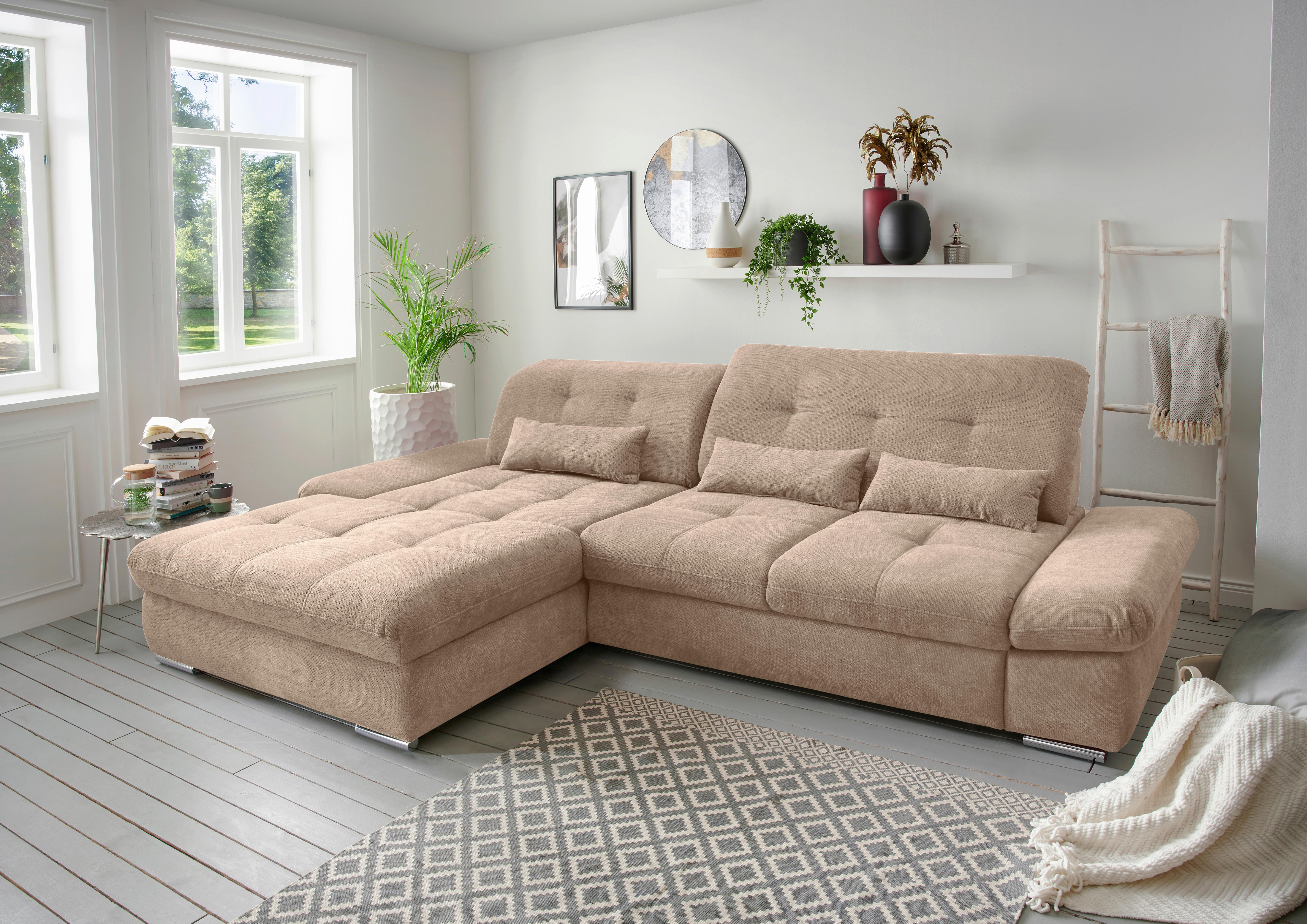 Ecksofa Dalida Hellbraun S: 196x300 cm - Chromfarben/Hellbraun, Design, Textil (196/300cm) - Livetastic