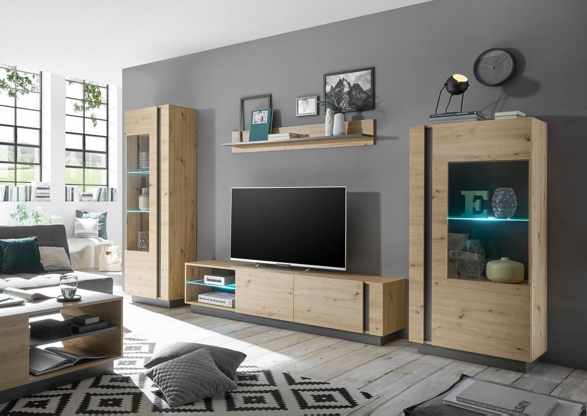 Wohnwand Clair Grau/ Eiche Artisan Dekor B: 340cm - Eiche Artisan/Grau, Design, Glas/Holzwerkstoff (340/194/40cm) - MID.YOU