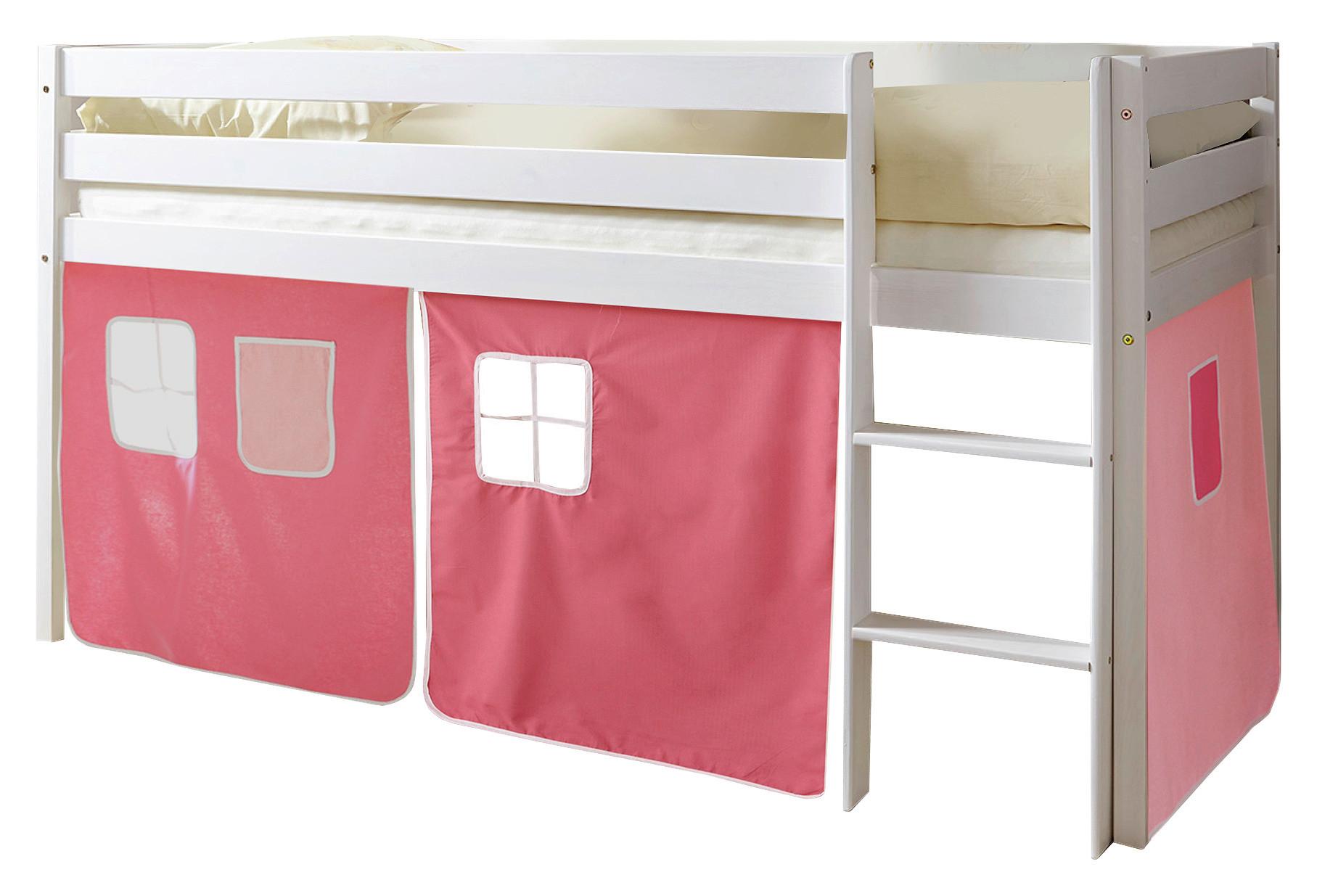 Kinderbett Malte 90x200cm Holz Massiv Weiß/Rosa mit Vorhang