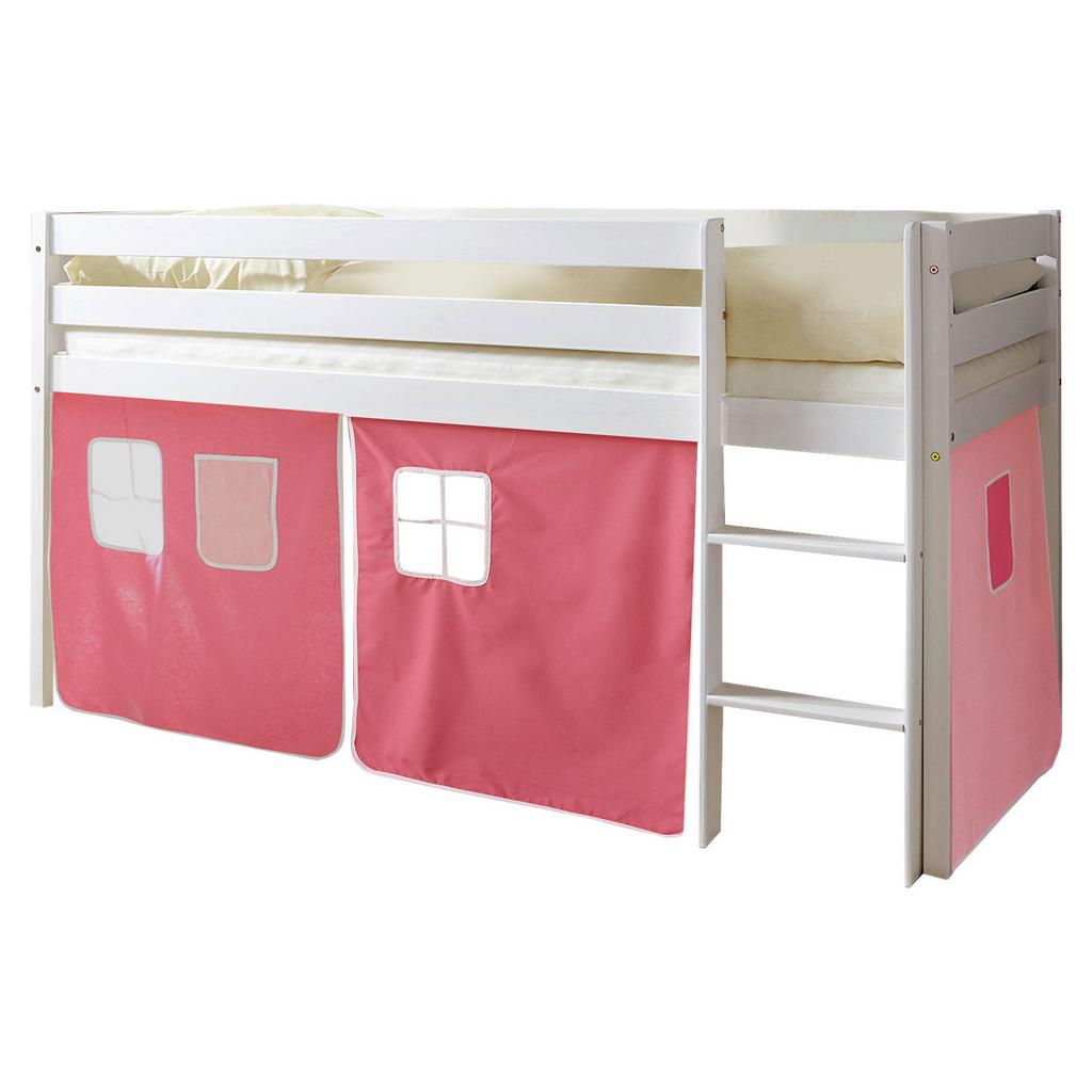Kinderbett Malte 90x200cm Holz massiv Weiß/Rosa mit Vorhang