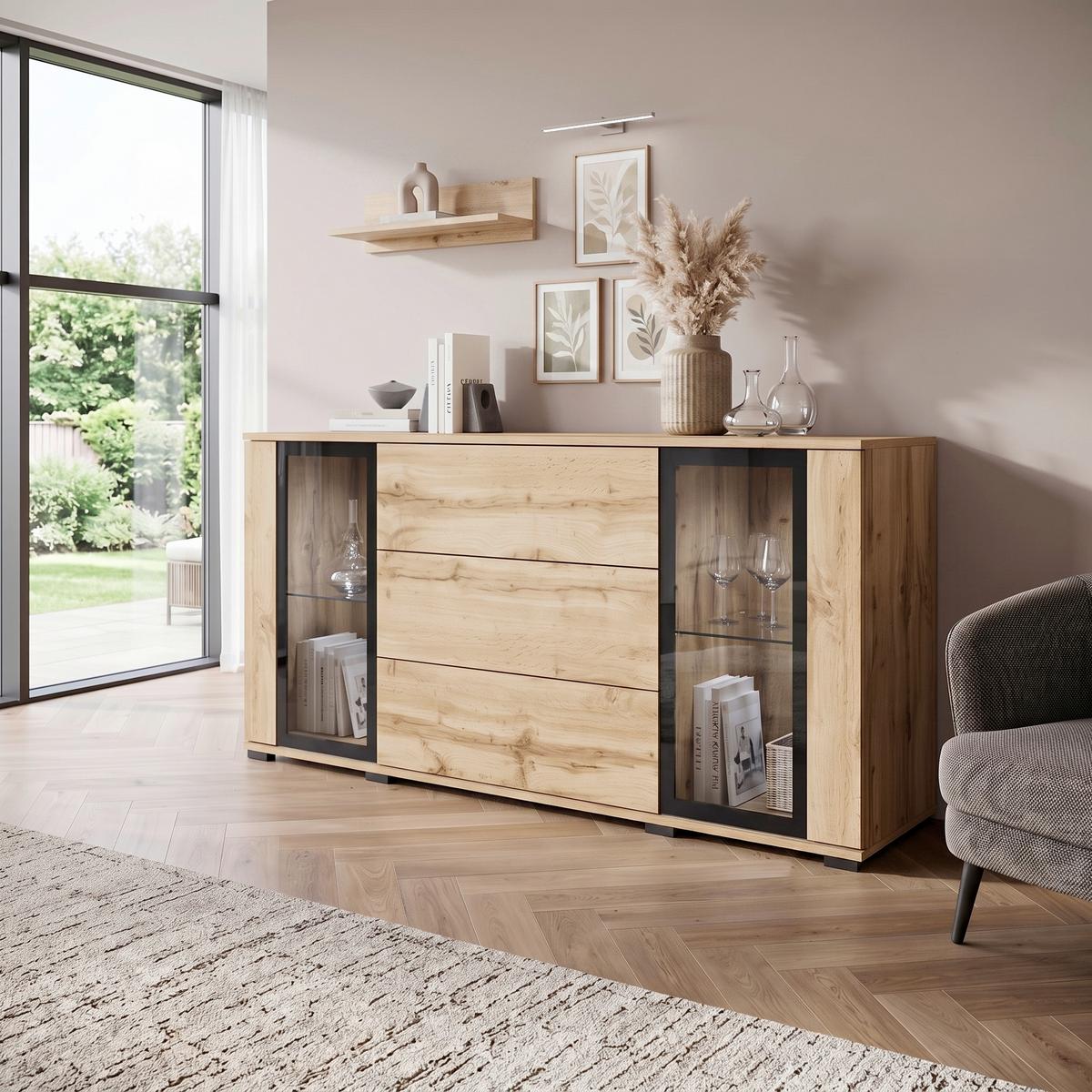 Kommode Caro Eiche Wotan B: 150 cm - Eiche Wotan/Schwarz, Design, Glas/Holzwerkstoff (150/69,7/39,5cm) - P & B