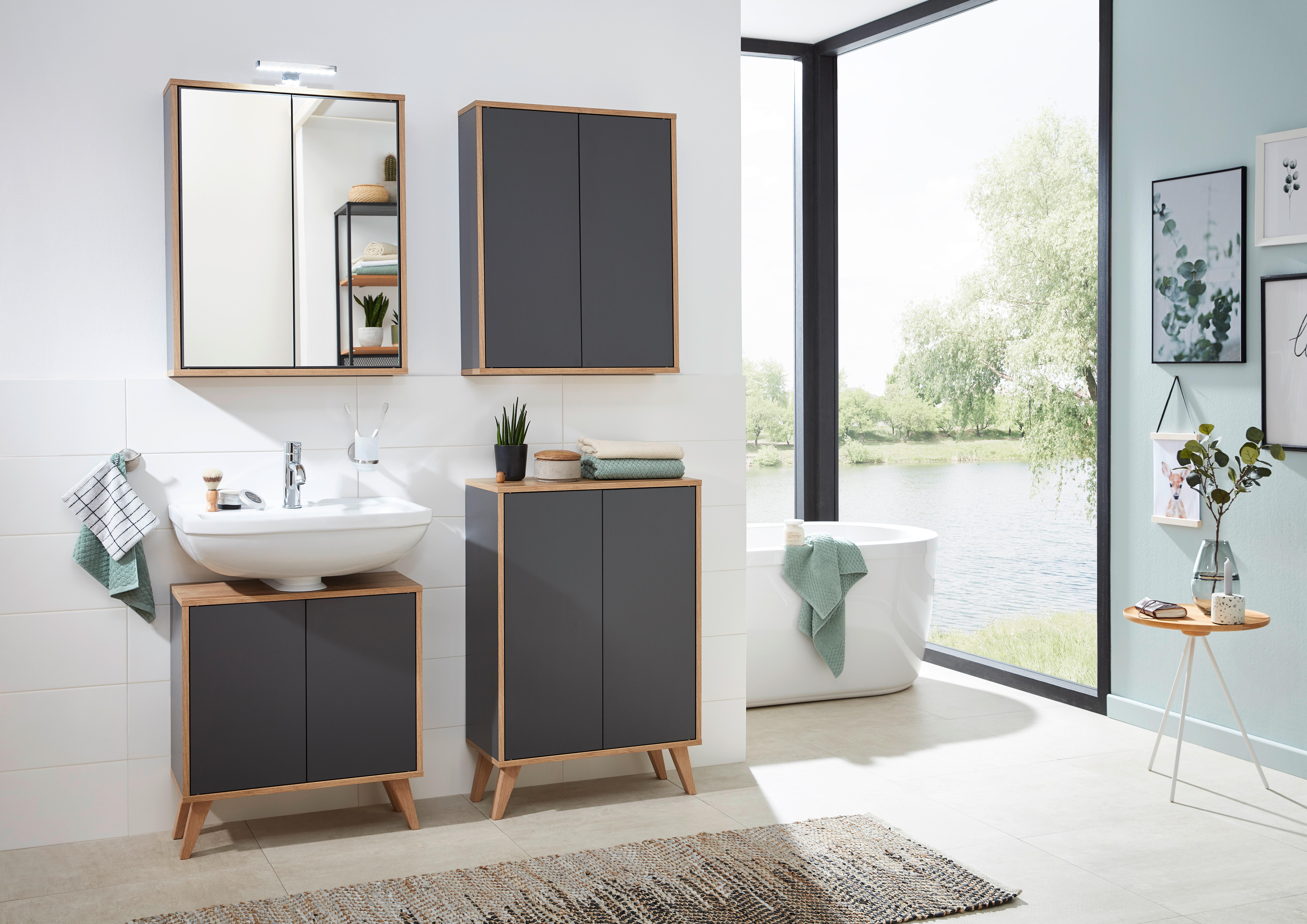 Hängeschrank Bad Finn BxH 60x75 cm, Anthrazit/Eiche - Eichefarben/Anthrazit, MODERN, Glas/Holzwerkstoff (60/75/18,5cm) - MID.YOU