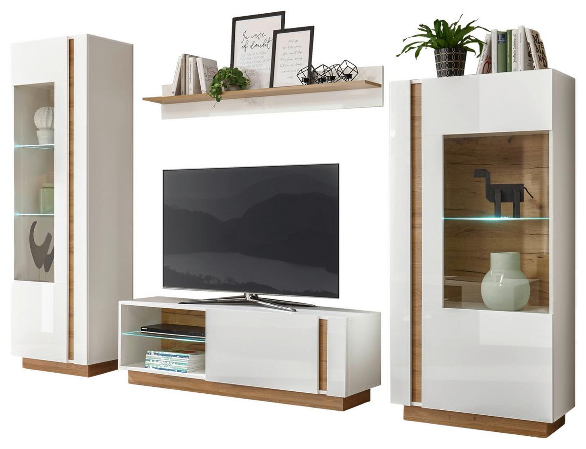 Wohnwand Clair Weiß/Eichefarben B: 290cm - Eichefarben/Weiß, Design, Glas/Holzwerkstoff (290/194/40cm) - MID.YOU