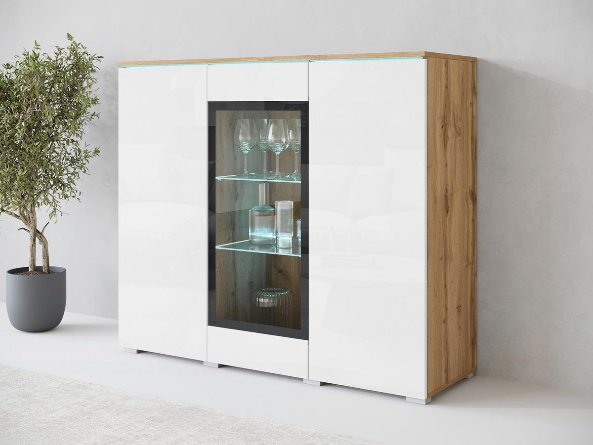 Highboard 120cm Vera Weiß Hochglanz/Wotan Eiche - Weiß Hochglanz/Eiche Wotan, Trend, Glas/Holzwerkstoff (120/103,3/39,5cm) - P & B