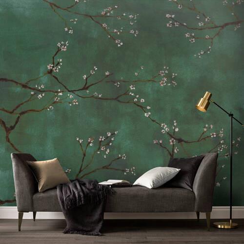 Fototapete Chinesische Blumen - Grün, Basics, Papier/Kunststoff (300/280cm)