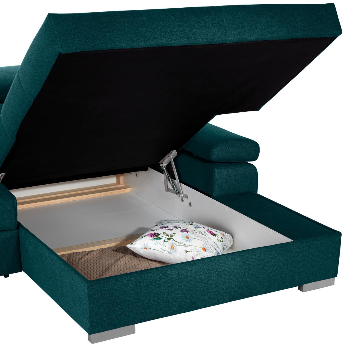Ecksofa Perry - Dunkelgrün/Silberfarben, Design, Textil (292/183cm) - Livetastic