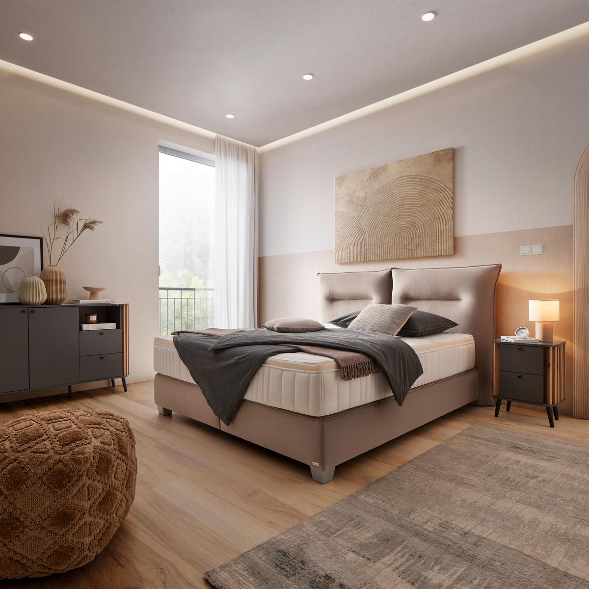Postel boxspring Fog 160x200cm,béžová - barvy stříbra/béžová, Lifestyle, dřevo/kompozitní dřevo (160/200cm) - Premium Living