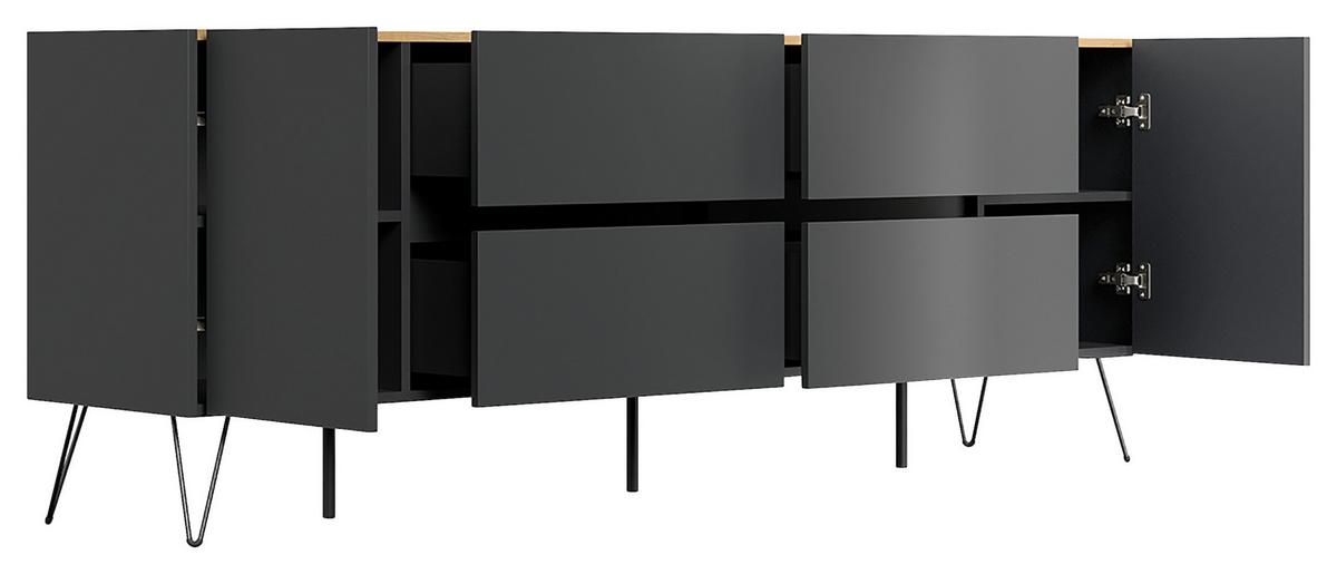 Sideboard Posseik Industrial Graphit/Eichefarben B: 199 cm - Eichefarben/Schwarz, Design, Holzwerkstoff (199/75,8/42cm) - P & B