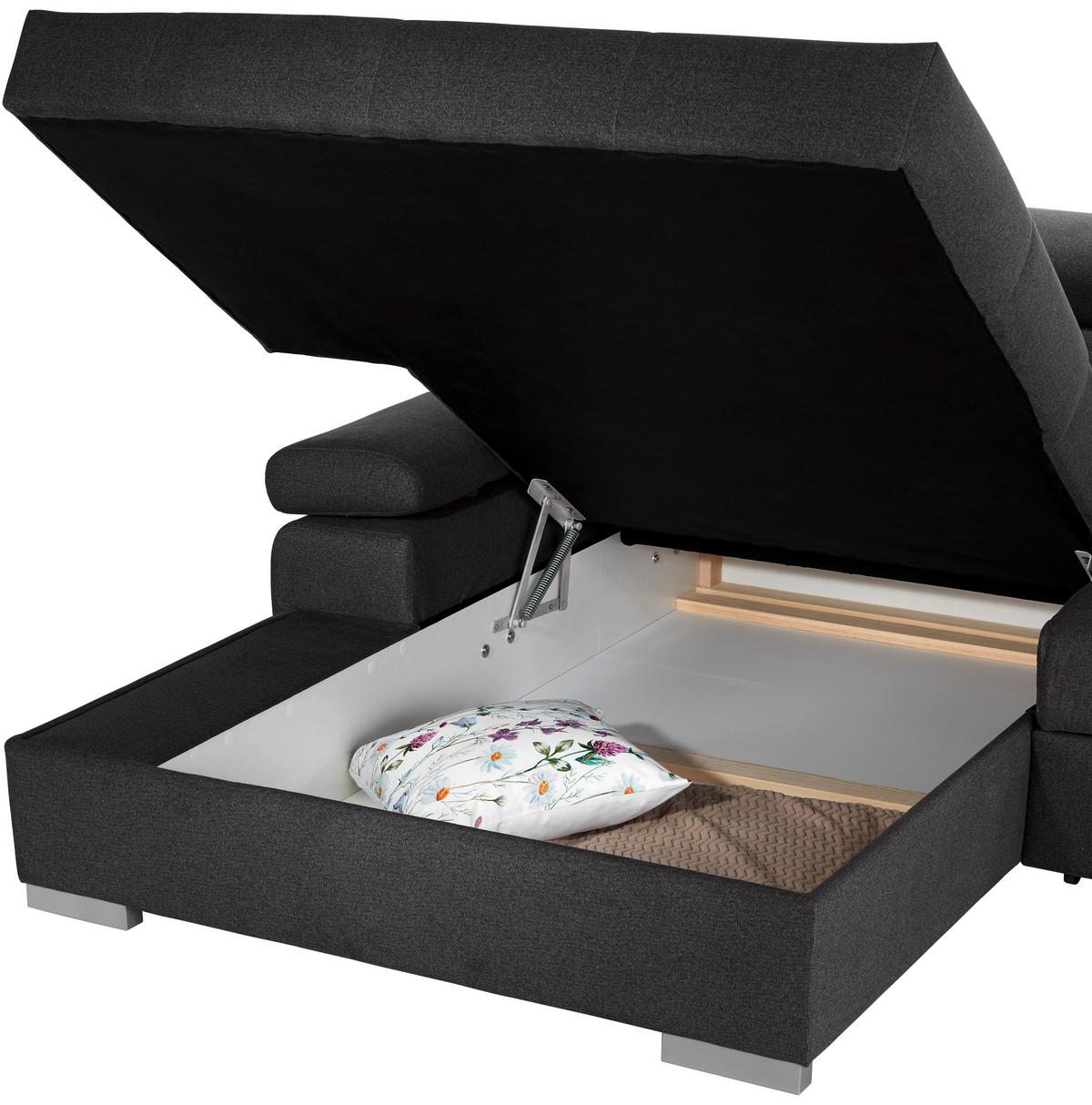 Ecksofa Mit Bettkasten Perry Graphitfarben 292x183 Cm - Silberfarben/Graphitfarben, Design, Textil (183/292cm) - Livetastic