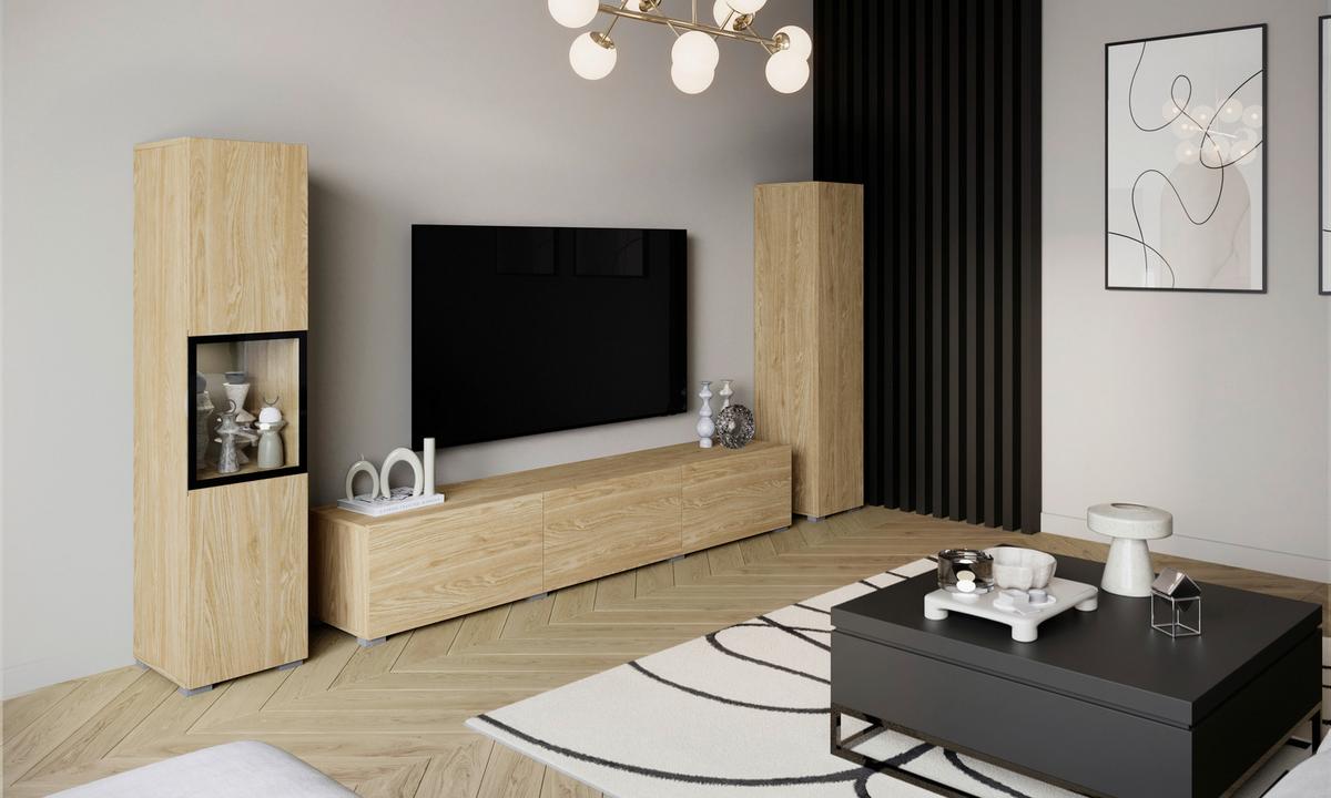 Wohnwand mit LED Berlin III Eichefarben - Eichefarben/Grau, Design, Glas/Holzwerkstoff (240/130/31cm) - P & B