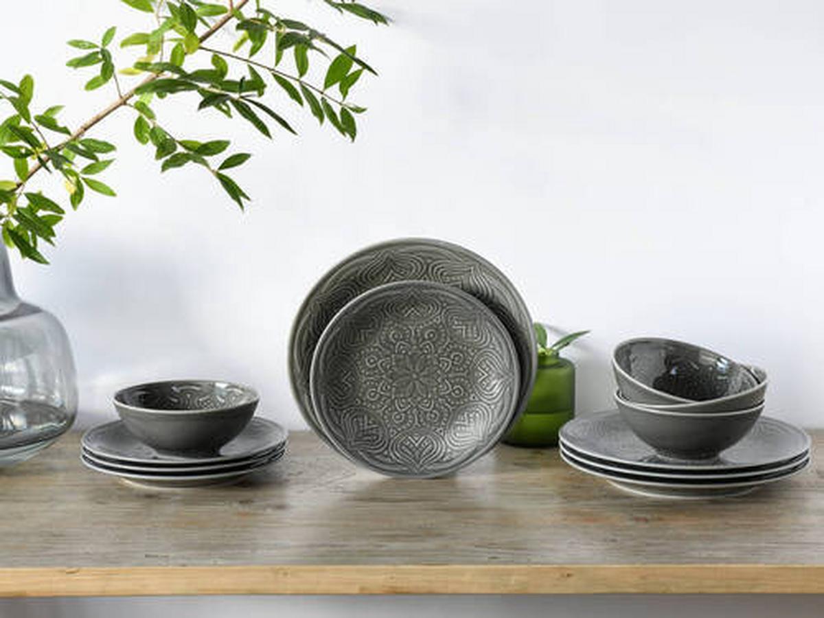 Jídlení souprava ORIENT MANDALA, 12-dílná - tmavě šedá, Trend, keramika - Creatable