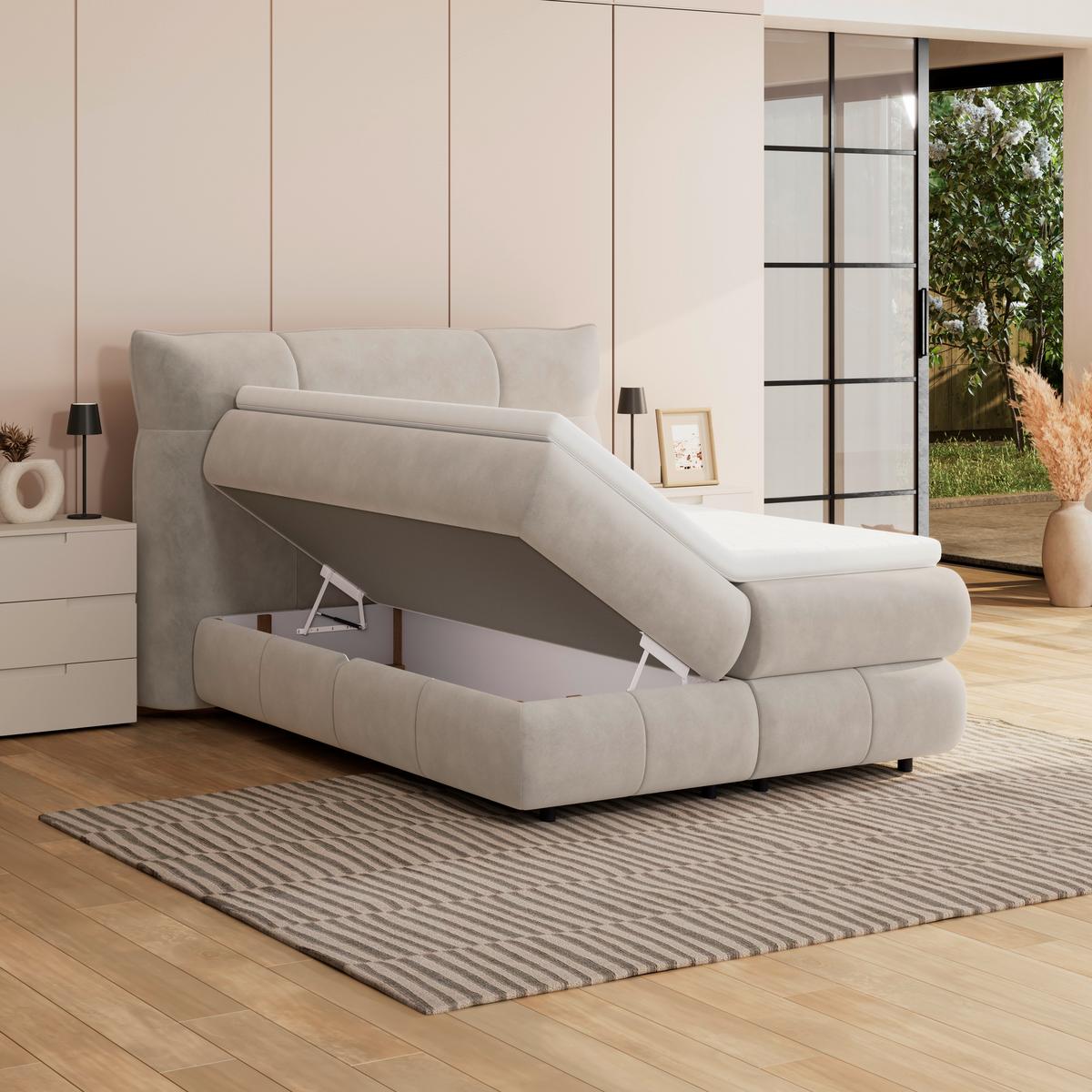 Boxspringbett Carmelo Beige 140x200 cm H3 - Beige/Schwarz, Trend, Textil (140/200cm)