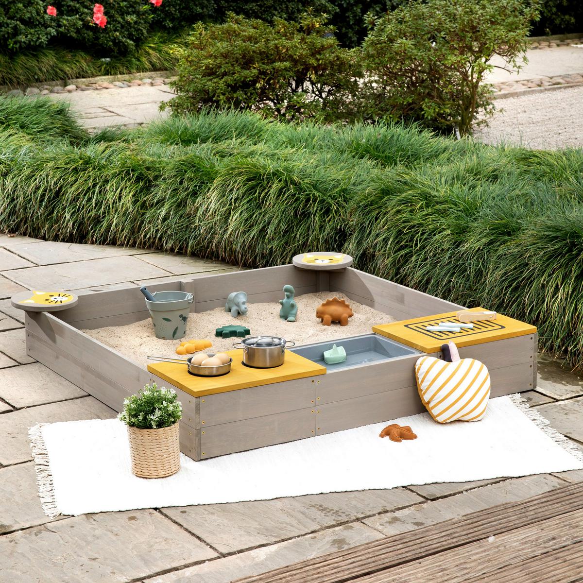 Sandkasten Muddy Buddy Holz, LxBxH: 120x120x20 cm - Currygelb/Grau, Basics, Holz (120/120/20cm) - MUDDY BUDDY