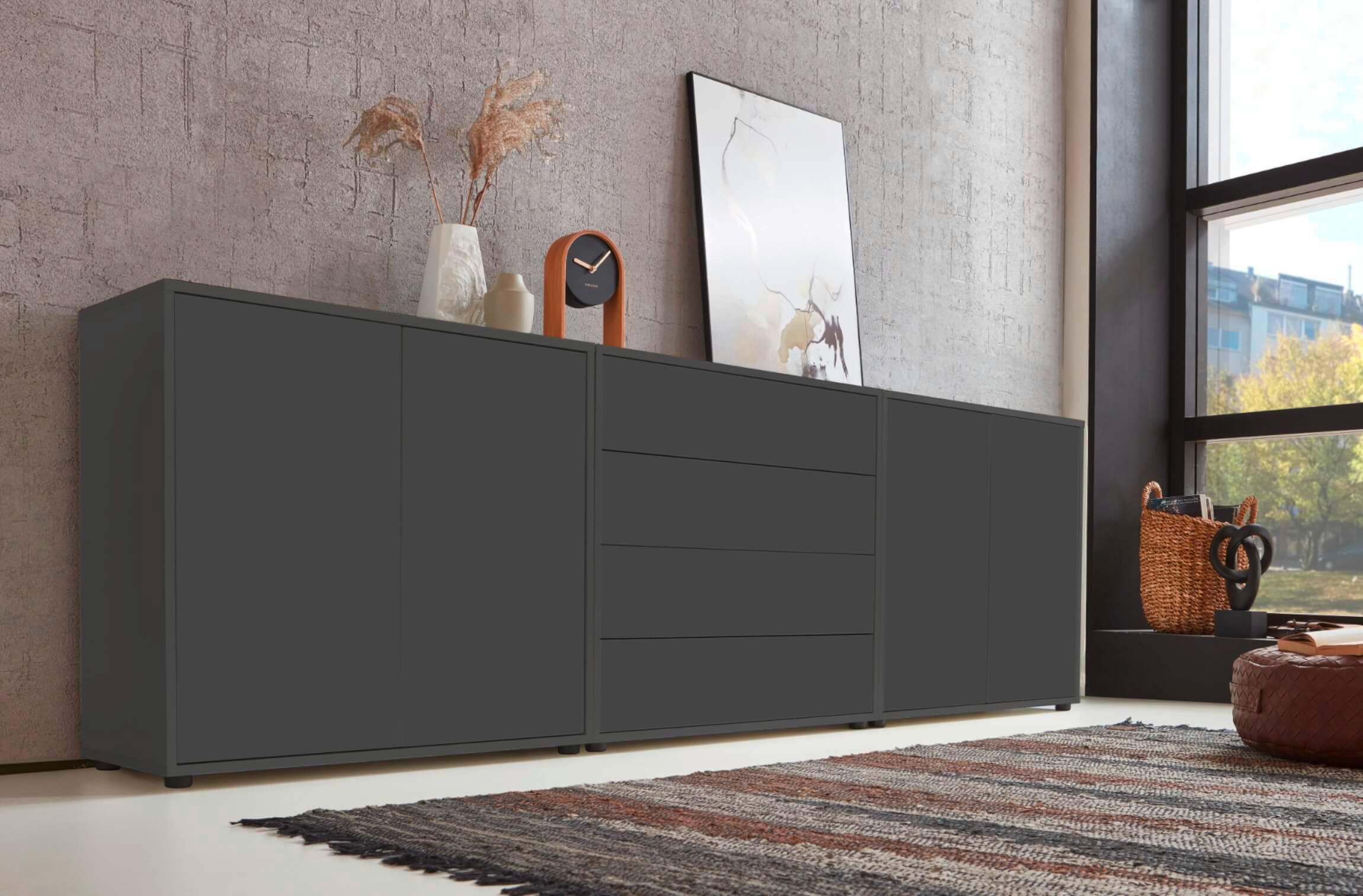 Sideboard Mailand 5 B: 237 Cm Weiß - Anthrazit/Schwarz, MODERN, Holzwerkstoff (237/73/33cm) - MID.YOU