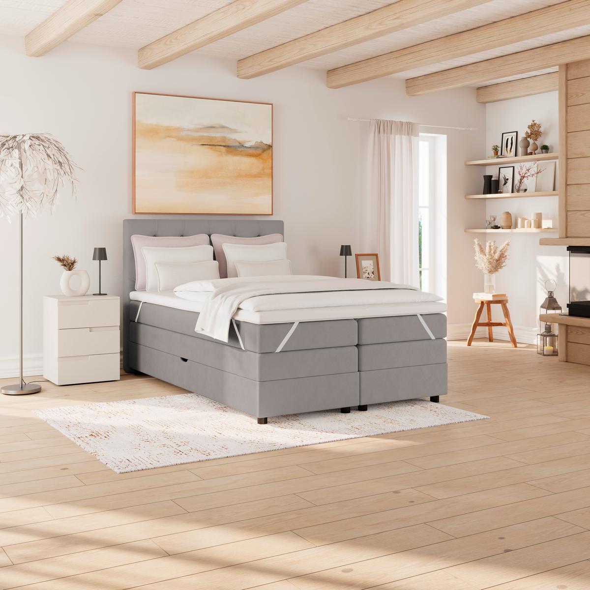 Boxspringbett Elio Silberfarben 140x200 cm H2 - Silberfarben/Schwarz, ROMANTIK / LANDHAUS, Textil (144/121/212cm) - James Wood