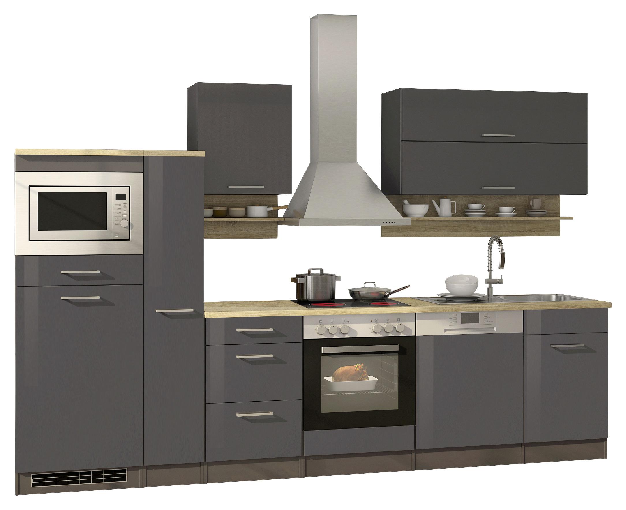Küchenzeile Mailand mit Geräten 310 cm Anthrazit Elegant - Eichefarben/Anthrazit, MODERN, Holzwerkstoff (310cm) - Held