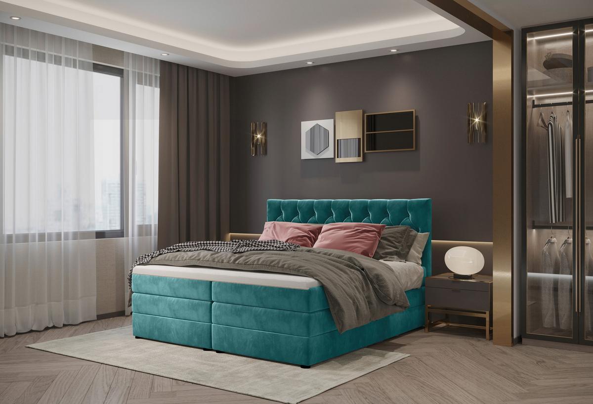 Boxspringbett Swing 9 Petrol 180x200 Cm H2 - Petrol/Schwarz, ROMANTIK / LANDHAUS, Textil (184/121/212cm) - James Wood
