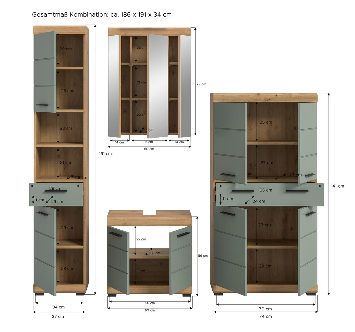 Badezimmer Scout Eiche Artisan Dekor Graugrün - Schwarz/Eiche Artisan, MODERN, Glas/Holzwerkstoff (191cm) - MID.YOU