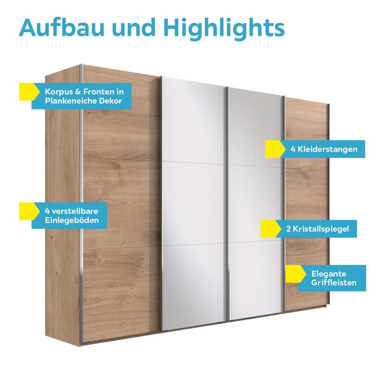 Schwebetürenschrank M. Spiegel 350cm Level 36 A, Eiche - Eichefarben, Basics, Glas/Holzwerkstoff (350/216/65cm) - MID.YOU