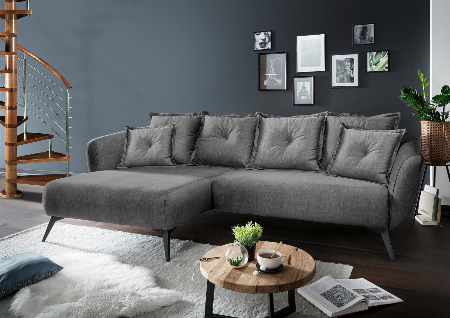 Ecksofa Baggio mit Kissen Textil Grau - Schwarz/Grau, MODERN, Holz/Textil (227/94/162cm) - Livetastic
