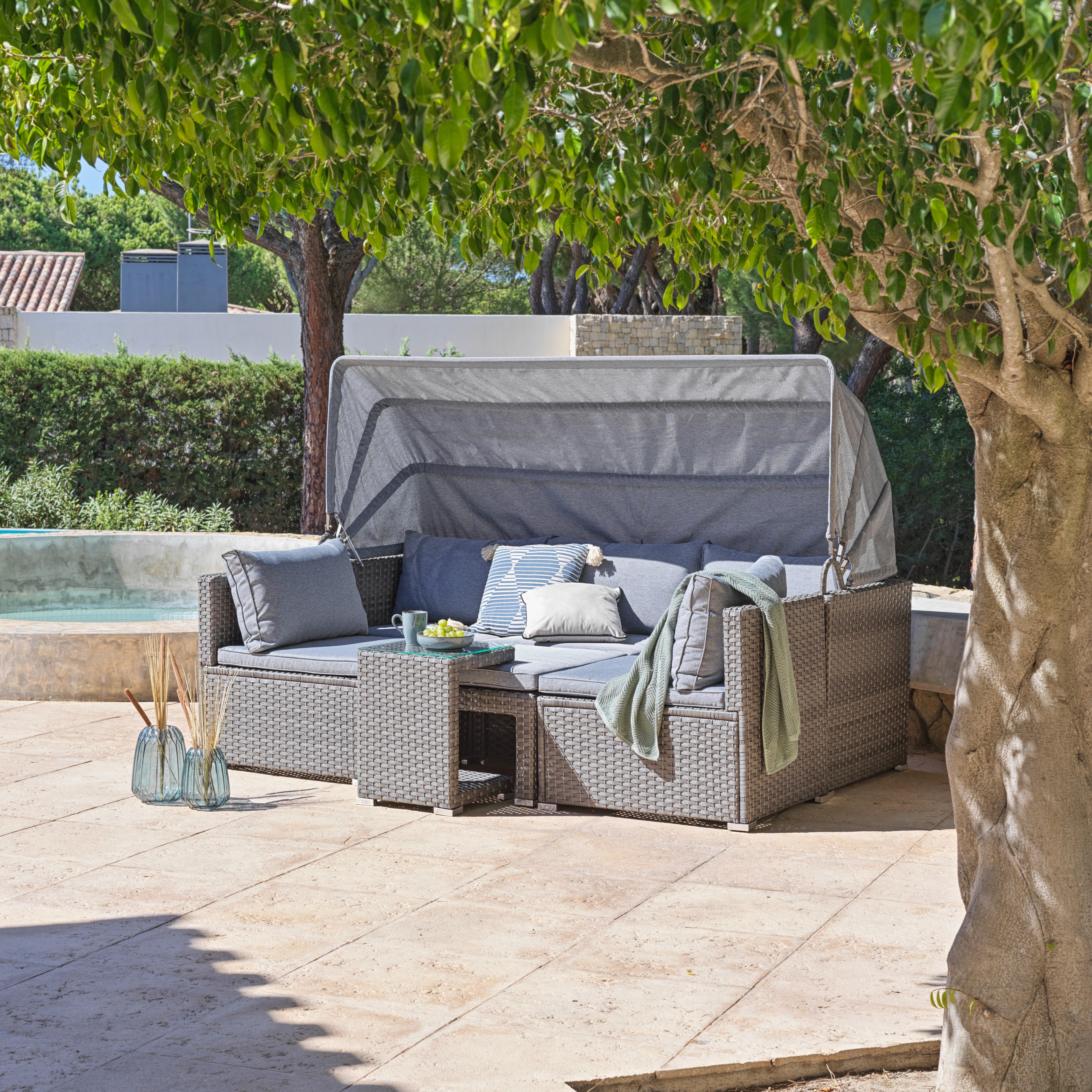 Loungegarnitur 5-tlg. Almeria, Polyrattan/textil Mit Kissen - Grau, MODERN, Glas/Kunststoff