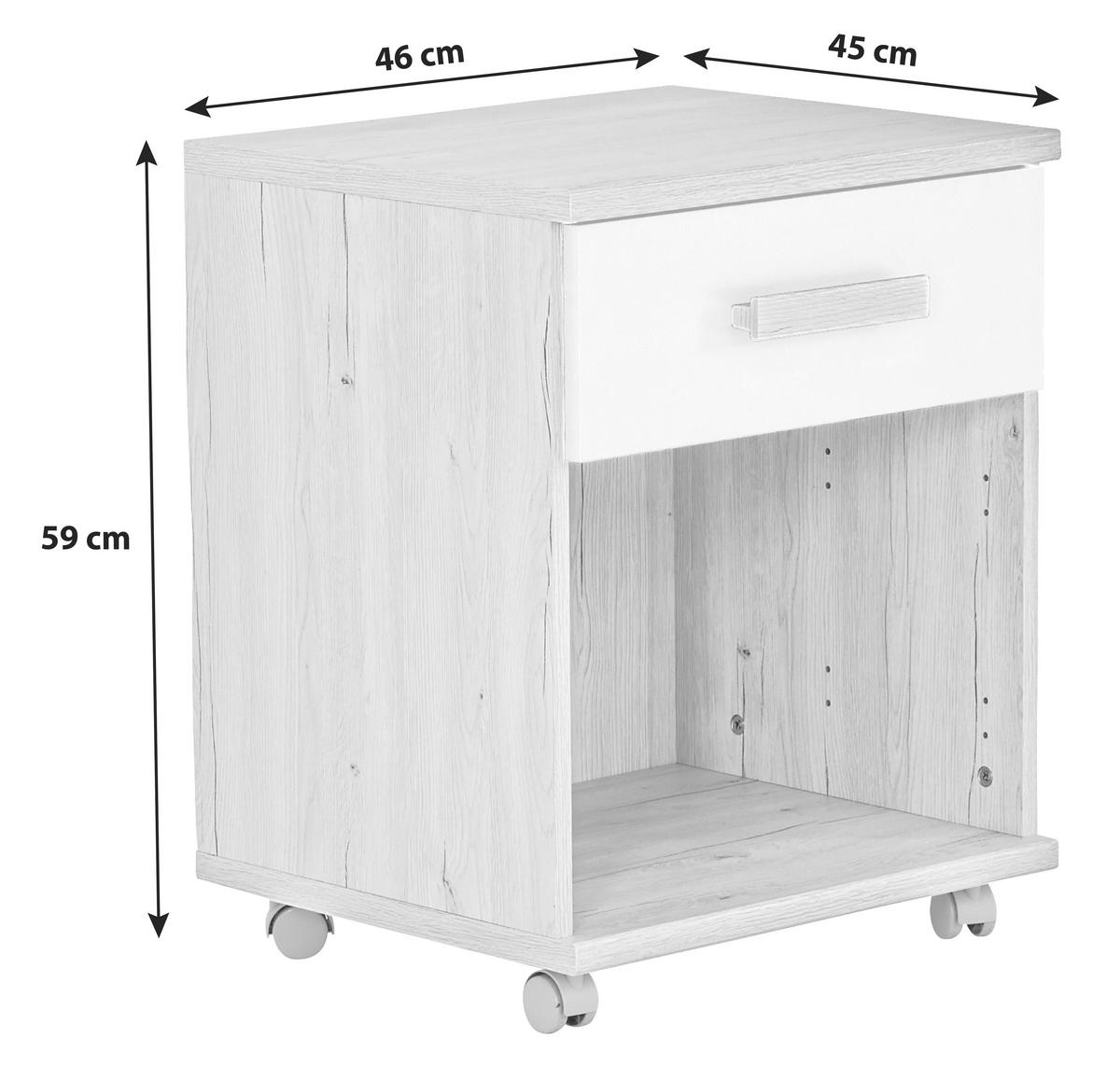 Rollcontainer Weiß/Eiche Dekor Cariba 46x59x45 cm - Eichefarben/Weiß, Design, Holzwerkstoff/Kunststoff (46/59/45cm) - MID.YOU