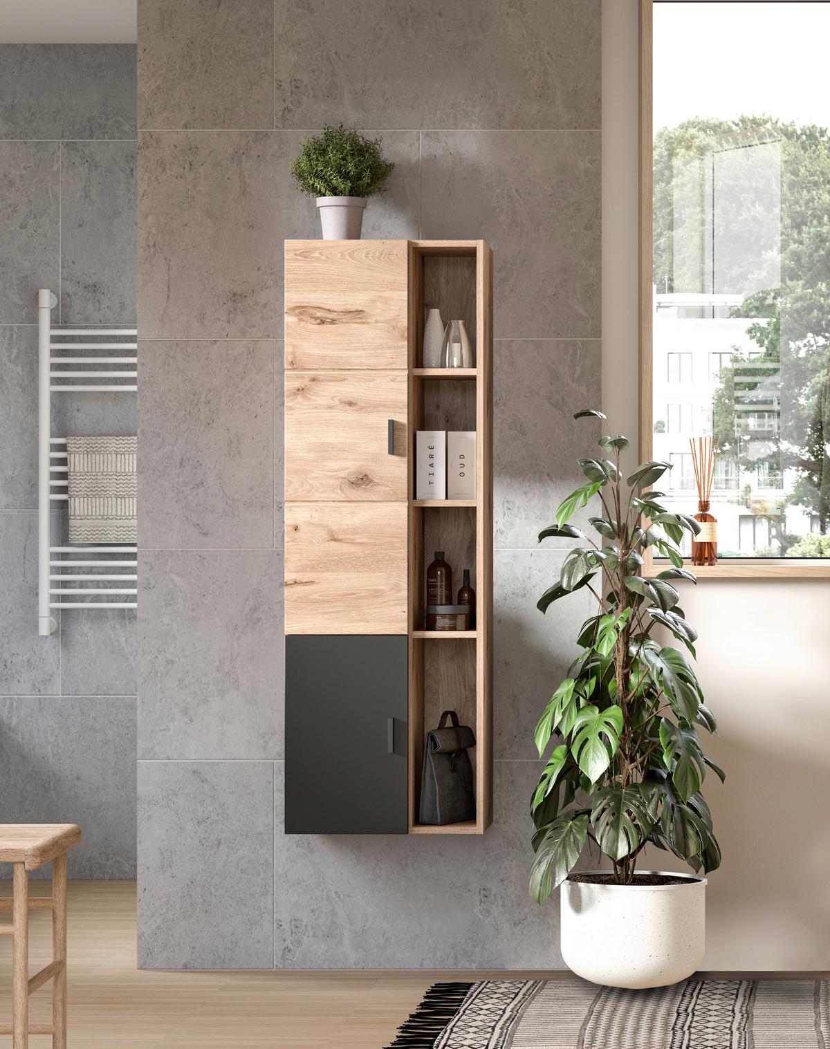 Badezimmer Grado Eiche Dekor/Grau - Weiß Hochglanz/Grau, MODERN, Glas/Keramik (182cm) - MID.YOU