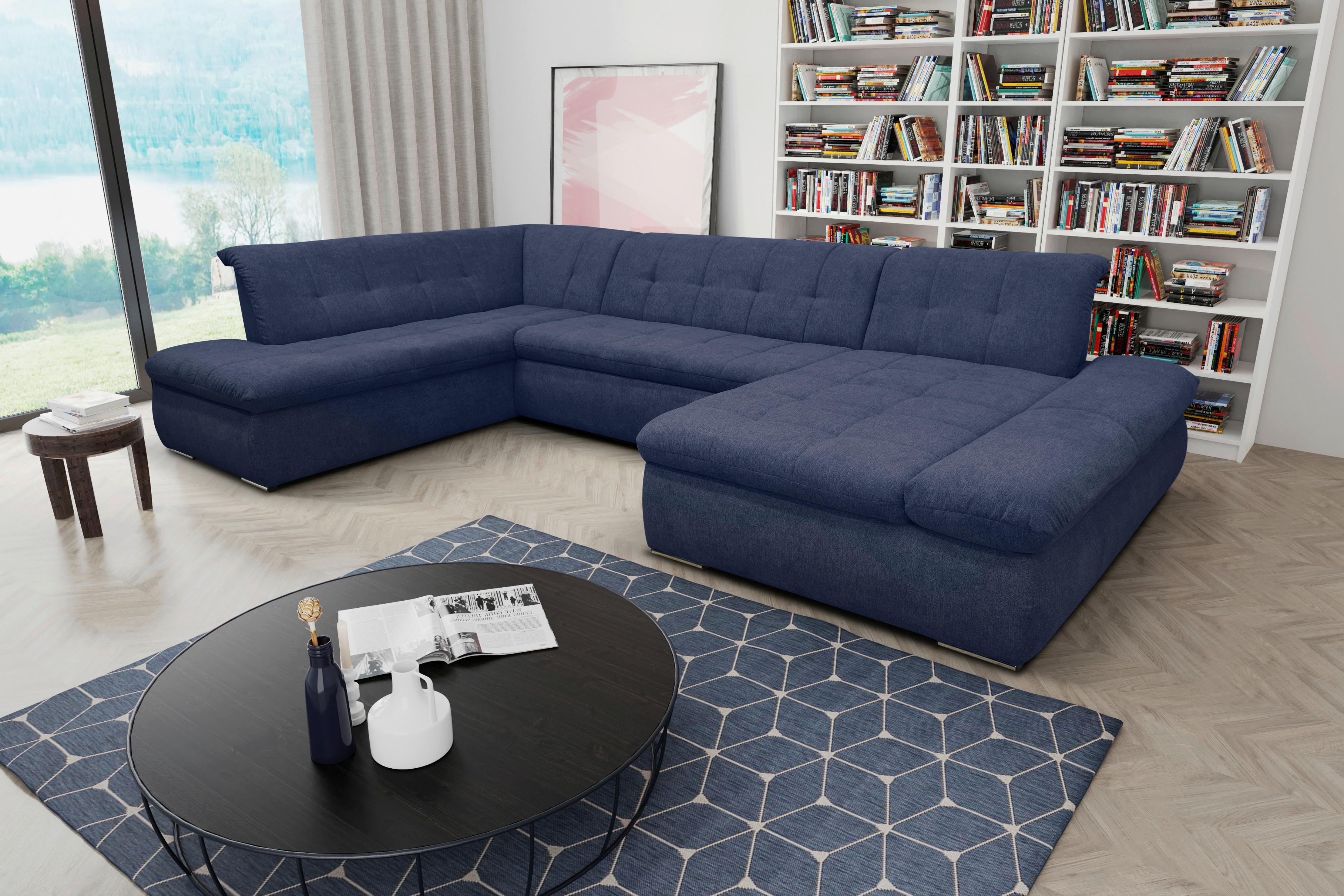 Wohnlandschaft Moric Mit Schlaffunktion Dunkelblau - Chromfarben/Dunkelblau, KONVENTIONELL, Textil (216/353/172cm) - MID.YOU