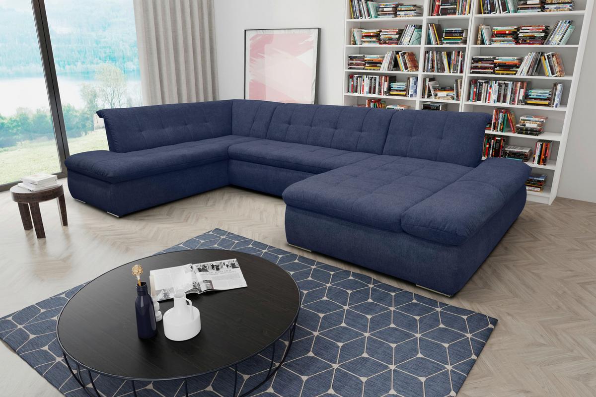 Wohnlandschaft Moric mit Schlaffunktion Dunkelblau - Chromfarben/Dunkelblau, KONVENTIONELL, Textil (216/353/172cm) - MID.YOU