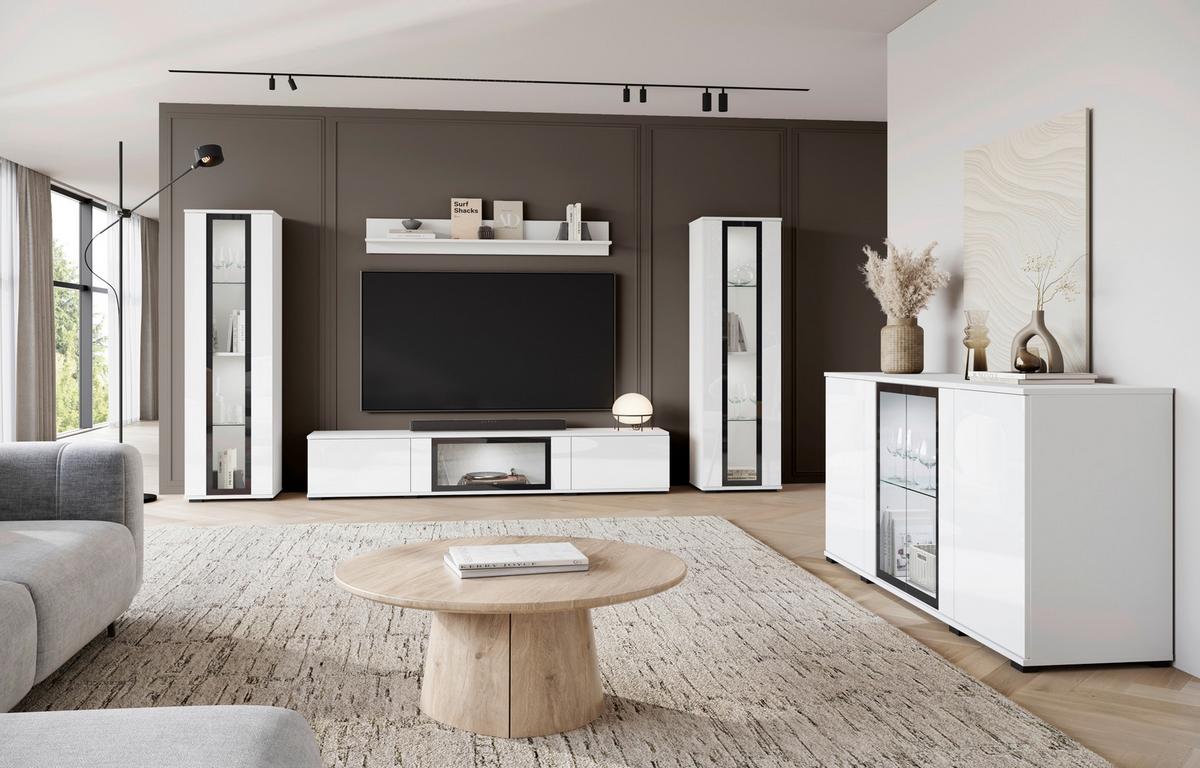 Kommode Caro Weiß B: 150 cm - Weiß Hochglanz/Schwarz, Design, Glas/Holzwerkstoff (150/69,7/39,5cm) - Livetastic