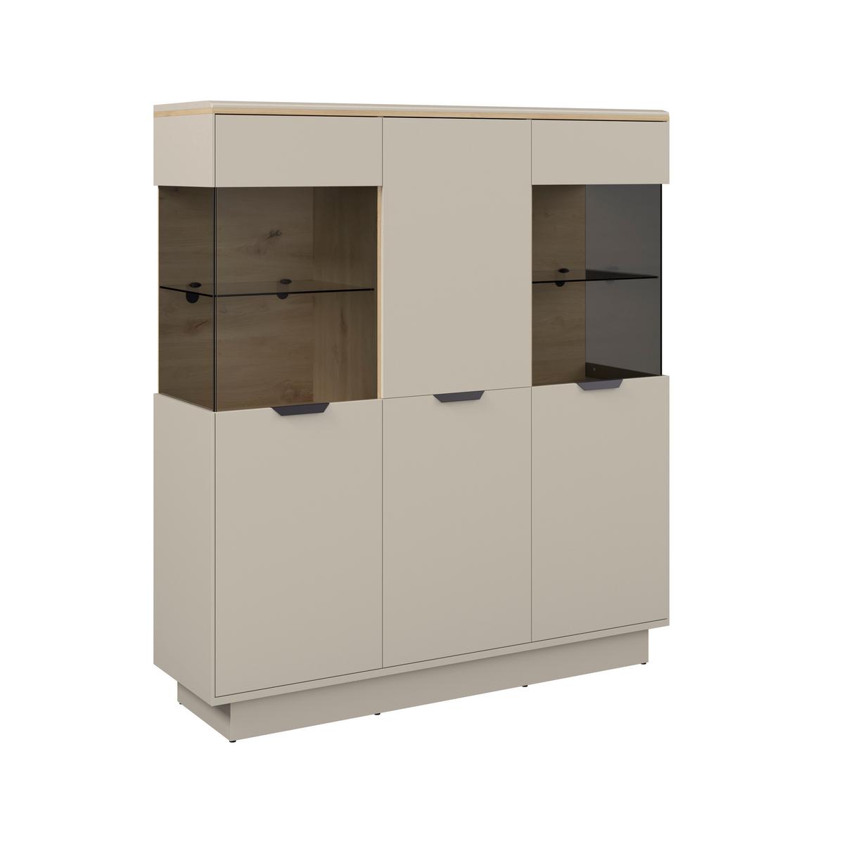 Highboard Darius Eiche Artisan/Kashmir,B:132cm - Kaschmir/Schwarz, Trend, Glas/Holzwerkstoff (132/148,3/37cm)