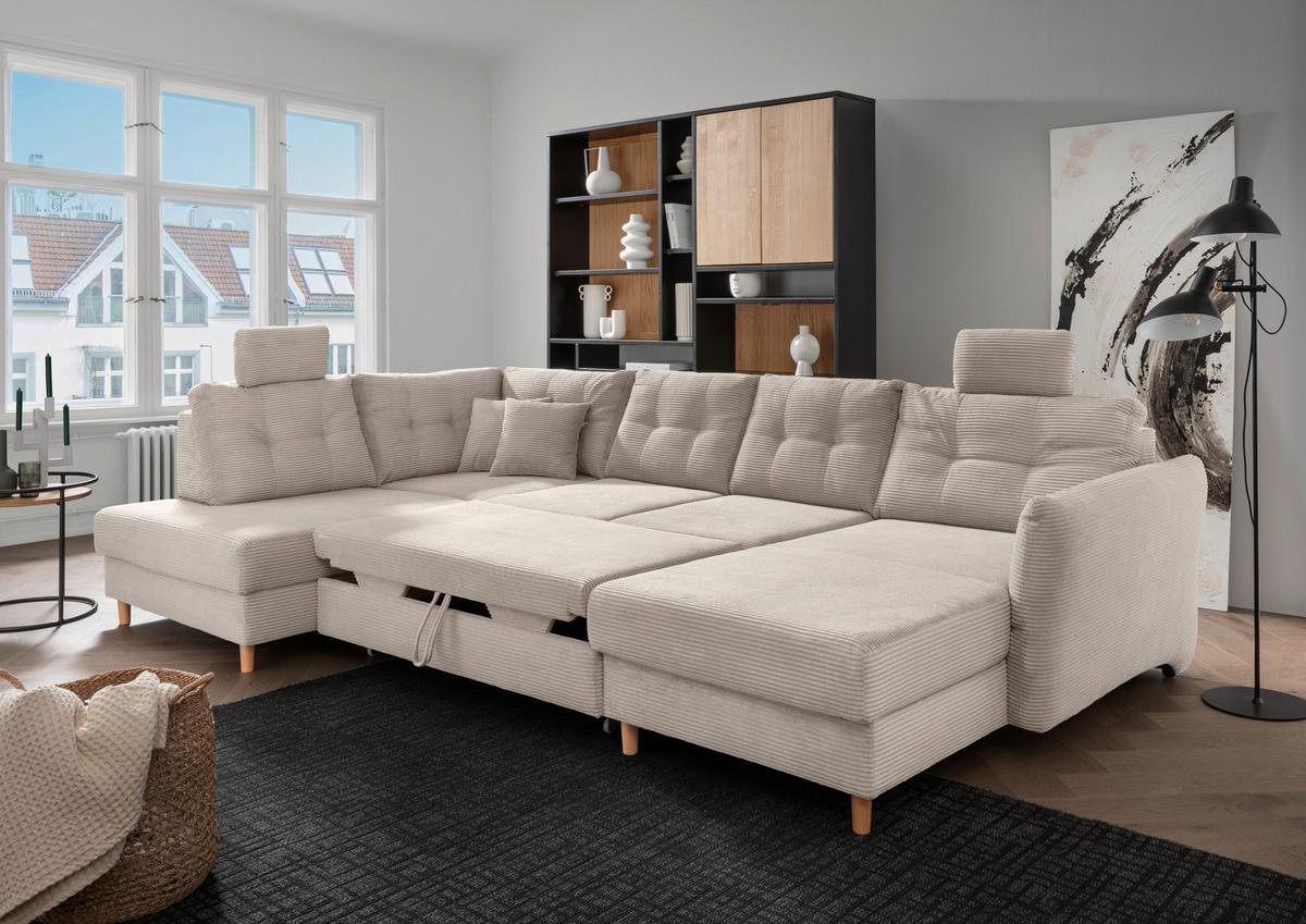 Wohnlandschaft Brizzini Mit Schlaffunktion, Beige - Beige/Naturfarben, MODERN, Textil (206/338-352/176cm) - Livetastic