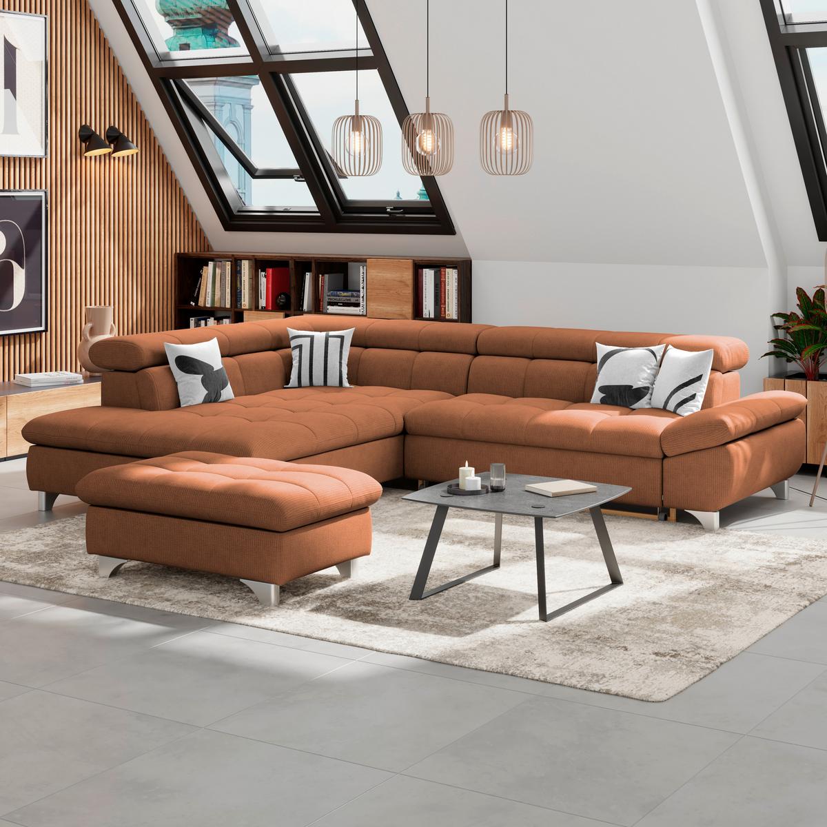 Rohová sedačka GEMINI, ľavá, terakotová ženilka - terakotová/chrómová, Konventionell, kov/textil (234/312cm)