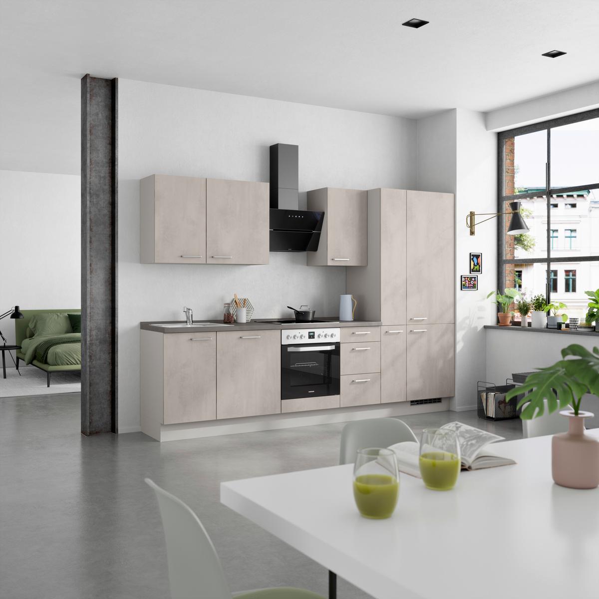 Kuchynská linka 300 cm, šedý betón/ kamenná šedá - sivá/farba ušľachtilej ocele, Modern, kov/kompozitné drevo (300cm) - Nobilia