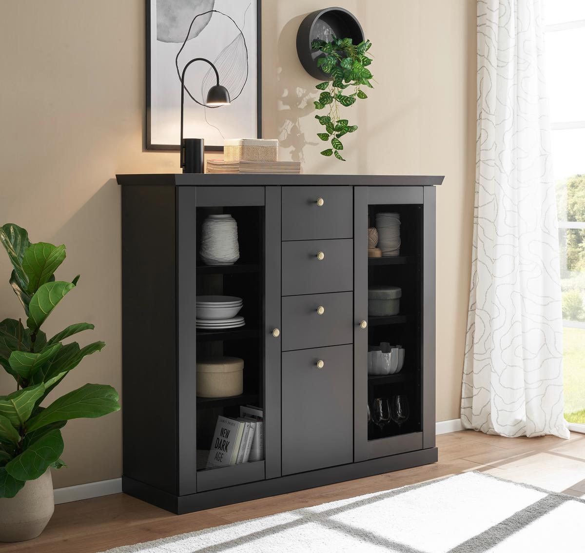 Highboard Lincoln Schwarz/Eichefarben B: 129cm - Eichefarben/Schwarz, Design, Holzwerkstoff (129/118/42cm) - MID.YOU