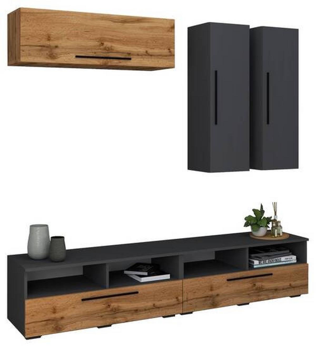 Obývacia stena Arila, 5- dielna, š: 190cm - čierna/farba duba, Modern, kompozitné drevo/plast (190/200/40cm) - MID.YOU