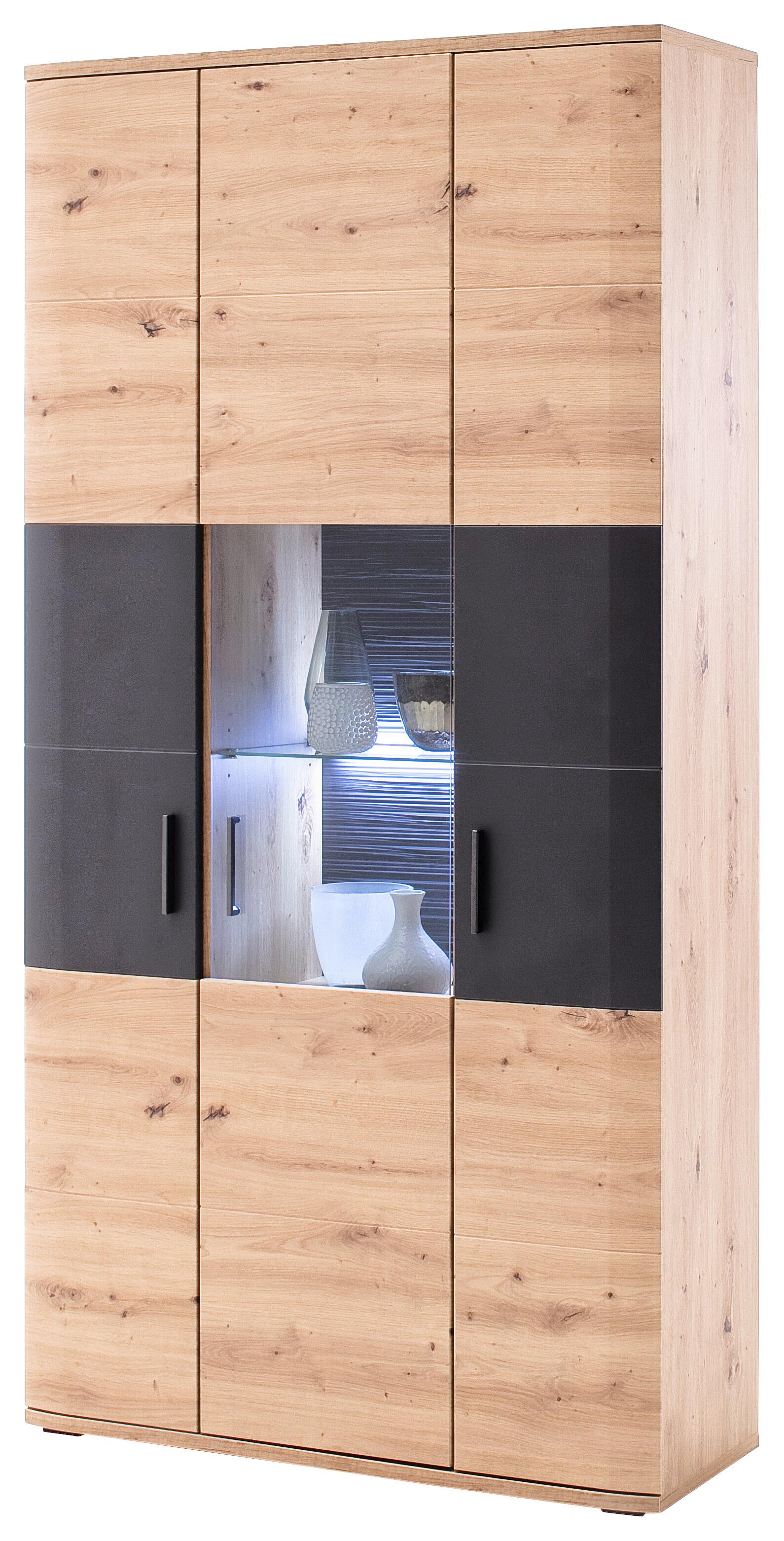 Vitrine B: 100 cm Cortona Anthrazit/Eichefarben - Klar/Eichefarben, Design, Glas/Holzwerkstoff (100/198/37cm) - Livetastic