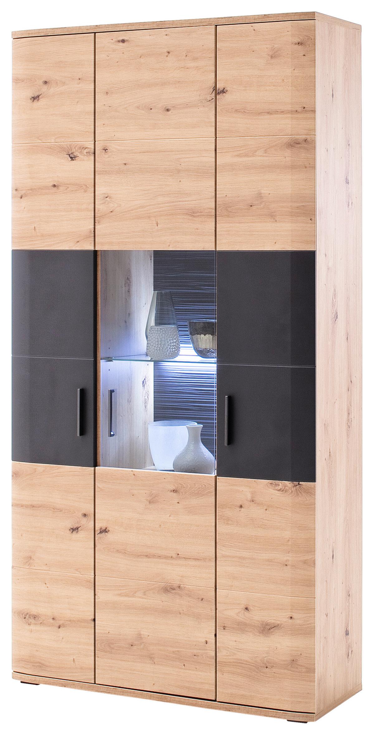 Vitrine B: 100 cm Cortona Anthrazit/Eichefarben - Klar/Eichefarben, Design, Glas/Holzwerkstoff (100/198/37cm) - Livetastic