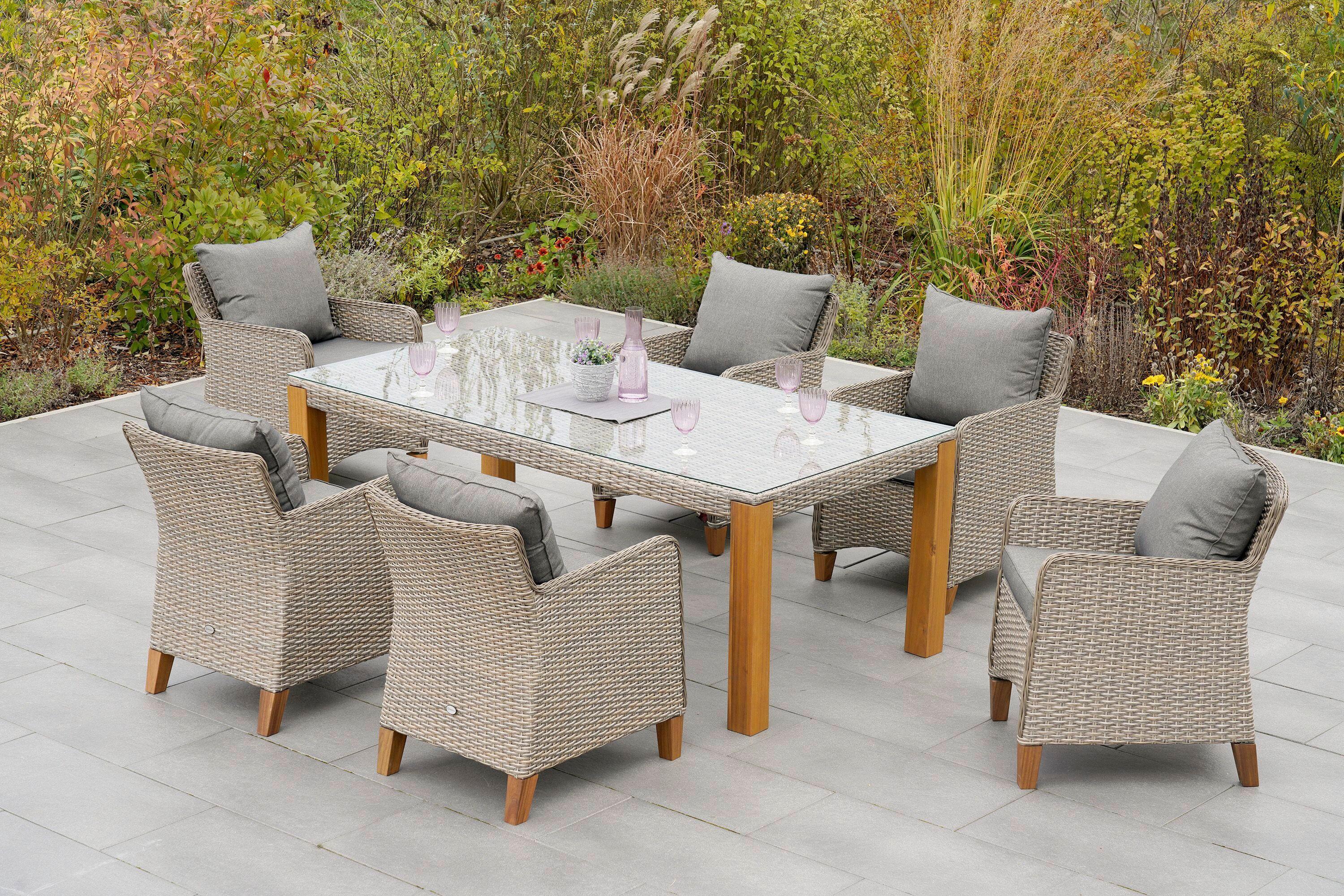 Gartentischgruppe 7tlg. Set Inkl. Kissen - Beige/Beigebraun, KONVENTIONELL, Glas/Holz - Gardenson