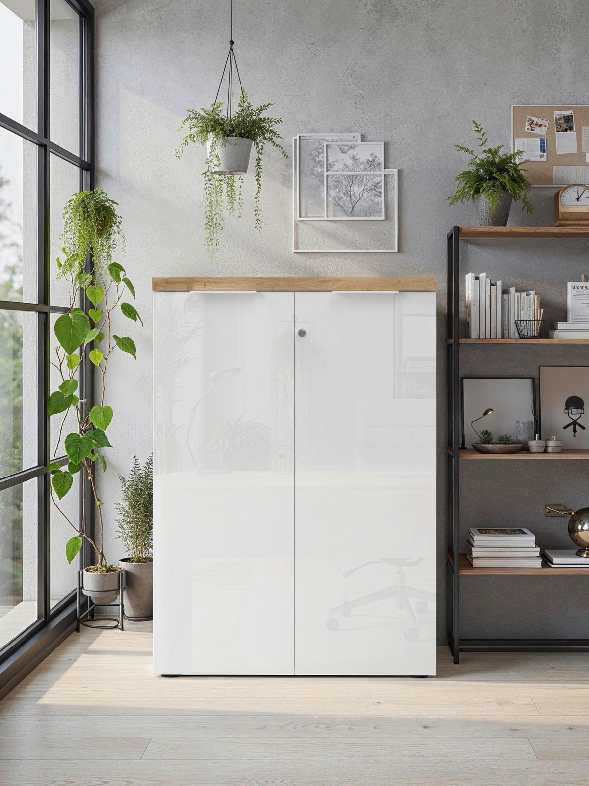 SKRIŇA EASY OFFICE - biela s vysokým leskom/farba duba, Modern, kov/kompozitné drevo (81/116/34cm) - Based