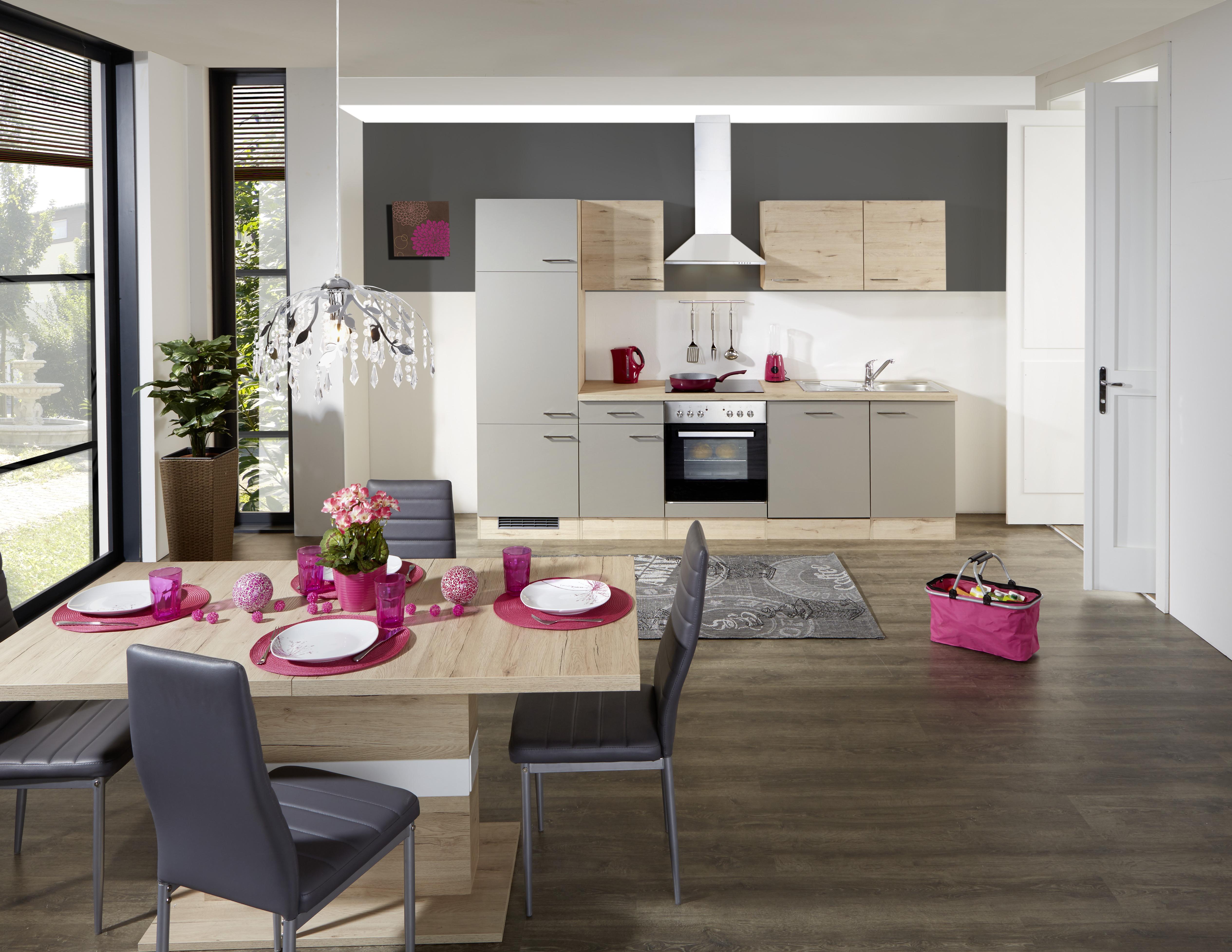 Küchenzeile Riva mit Geräten 280 cm Champagner/Eiche Dekor - Champagner/Eichefarben, MODERN, Holzwerkstoff (280cm) - FlexWell