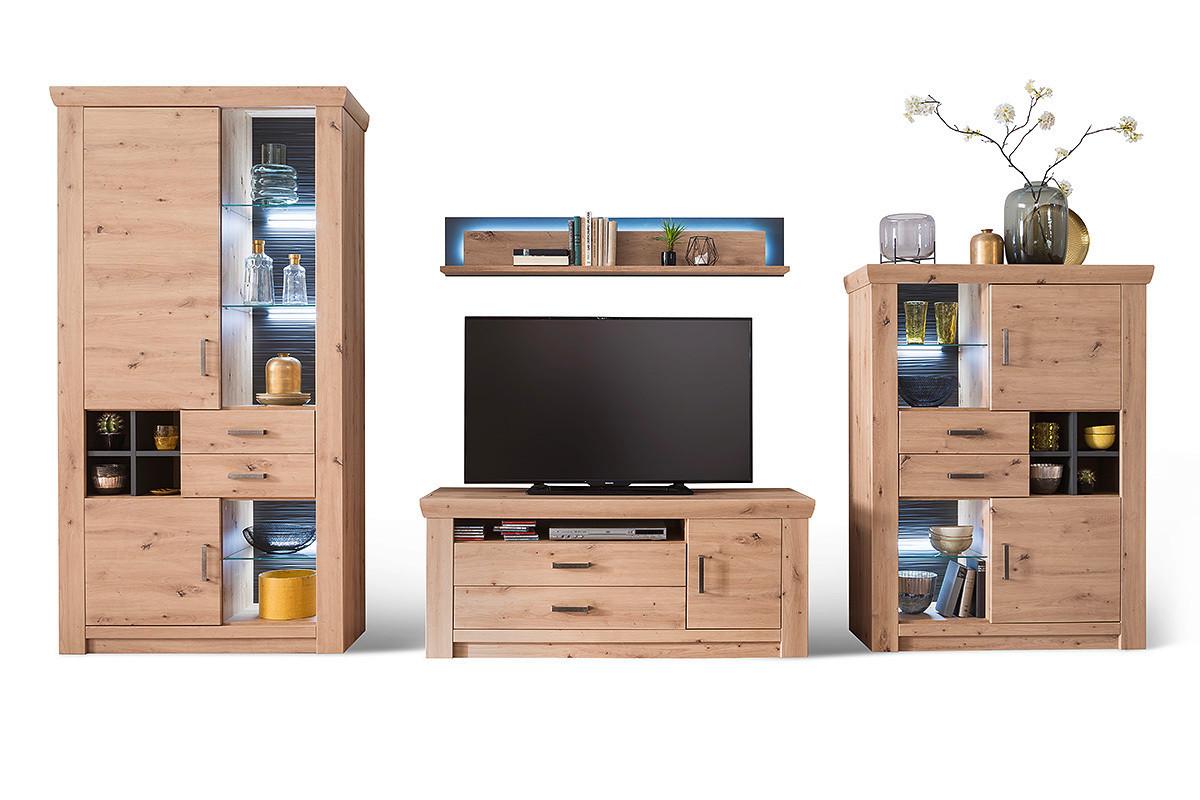 Wohnkombination 4-Tlg. Meran Anthrazit/Eichefarben - Eichefarben/Anthrazit, Design, Glas/Holzwerkstoff (371/211/55cm) - Livetastic